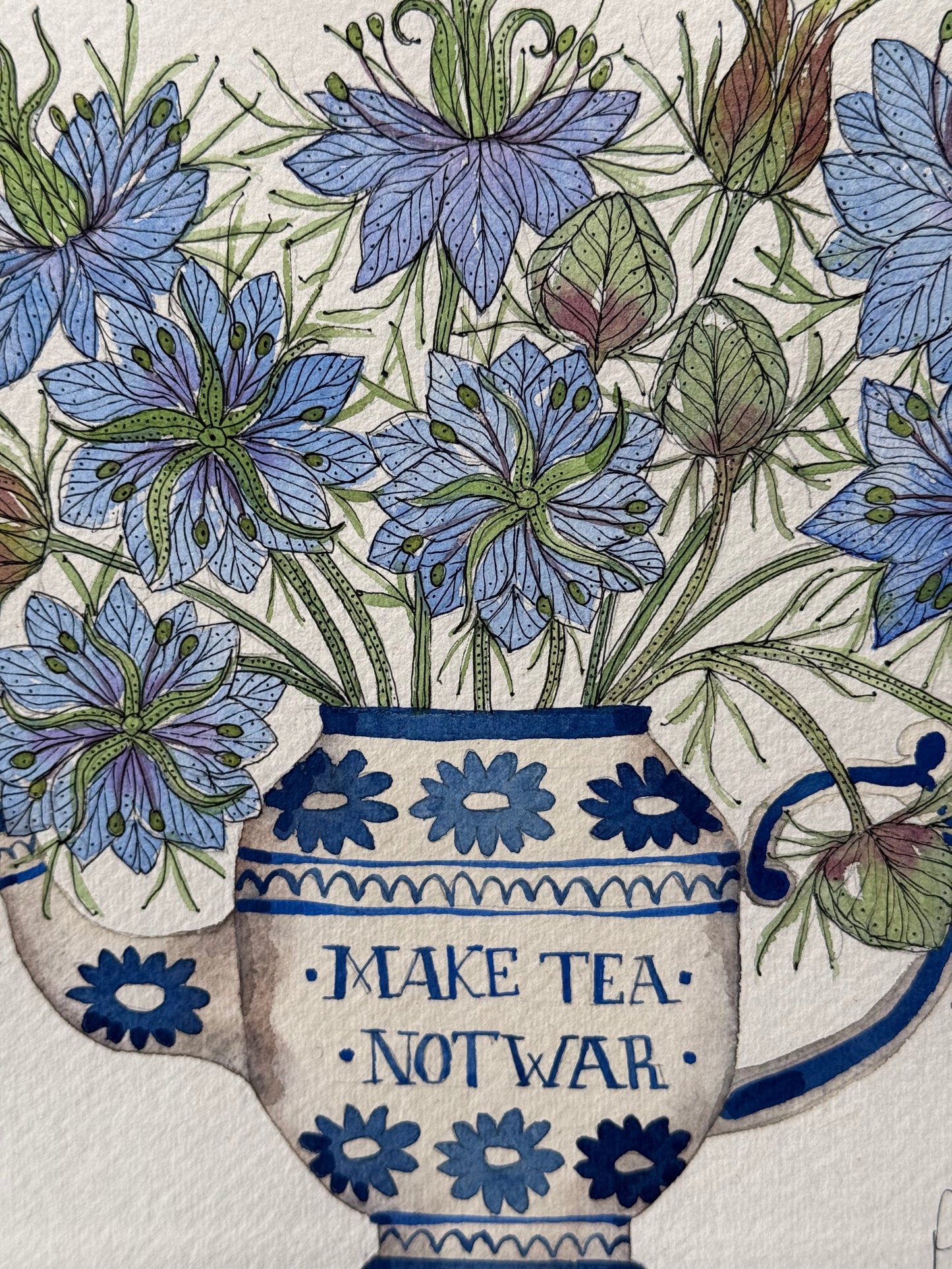 Original, Watercolour Love in a Mist Flowers in a Teapot