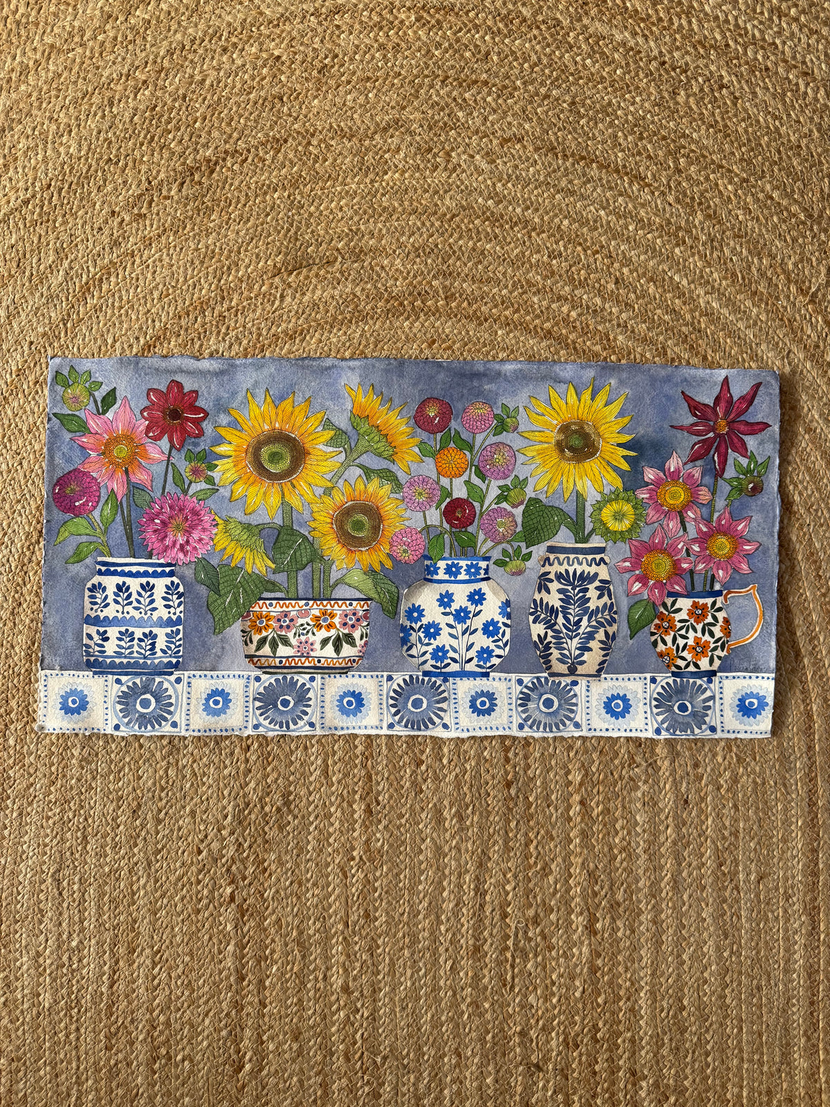 Extra Large Watercolour & Pen Sunflowers, Dahlias & Tiles