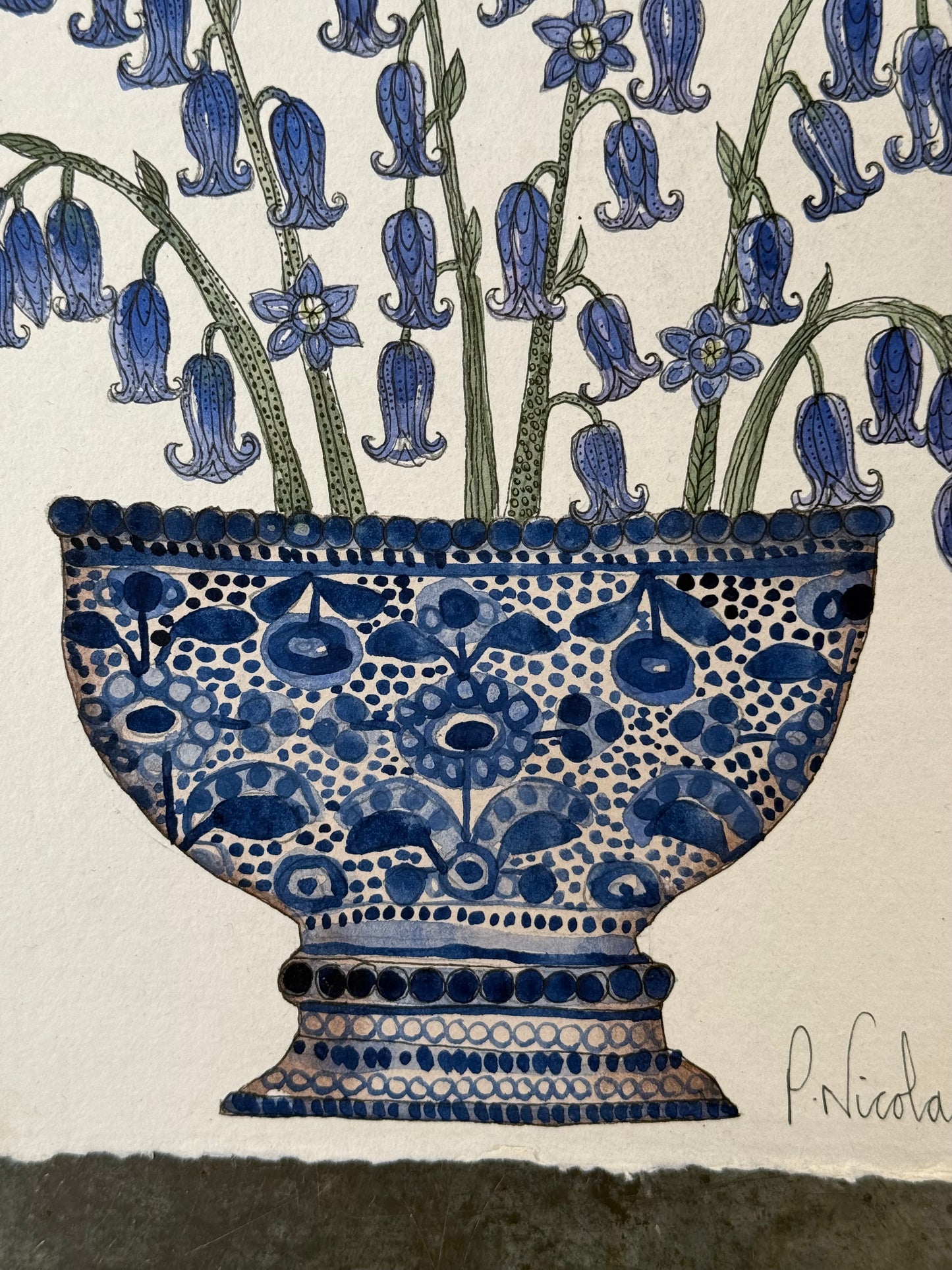 Original watercolour & ink bluebells in a blue & white ceramic vessel.