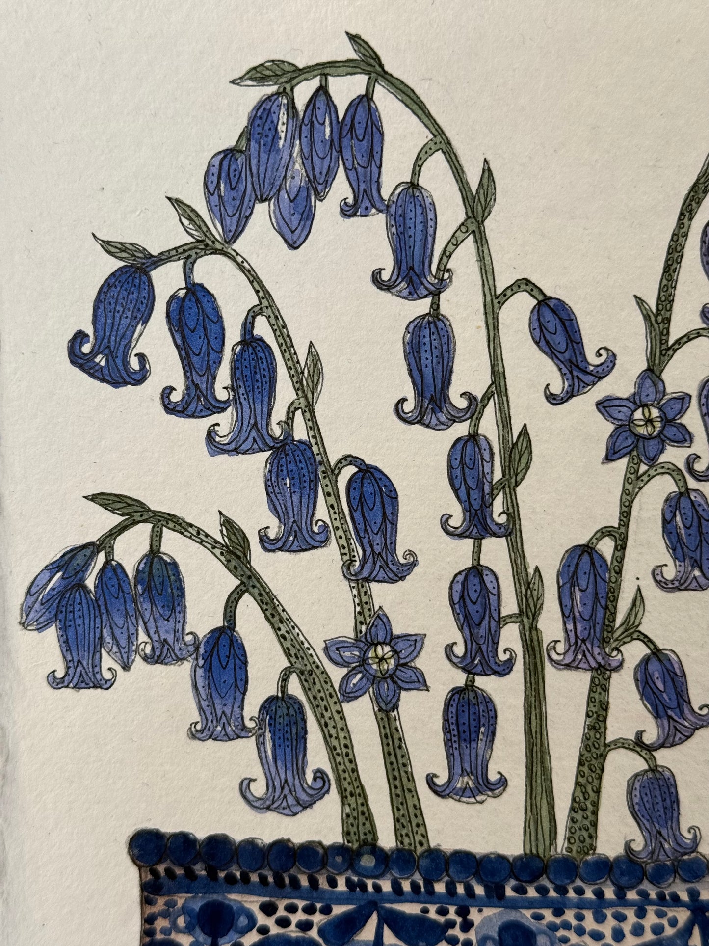 Original watercolour & ink bluebells in a blue & white ceramic vessel.