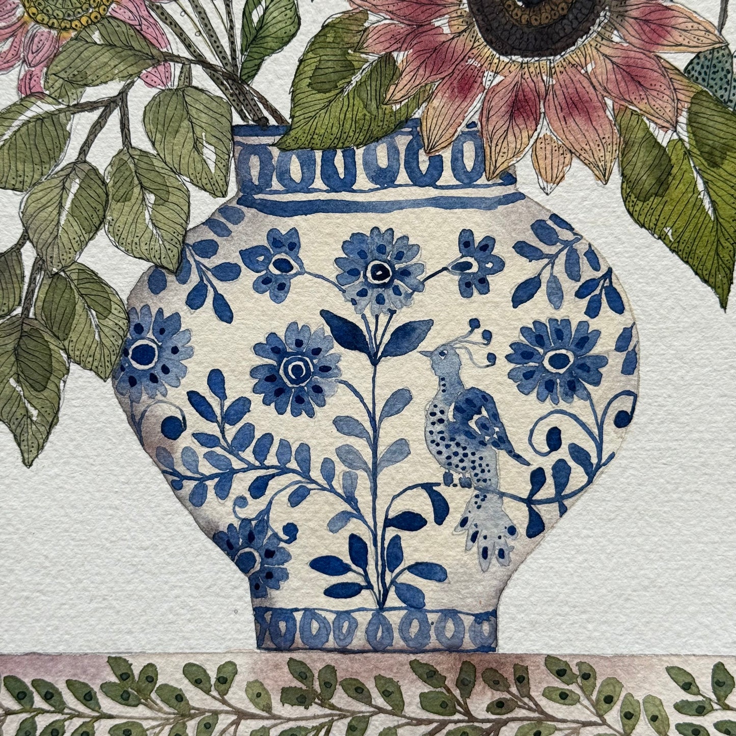 Original, Watercolour Painting of Autumnal Flowers in a Delft Vase.