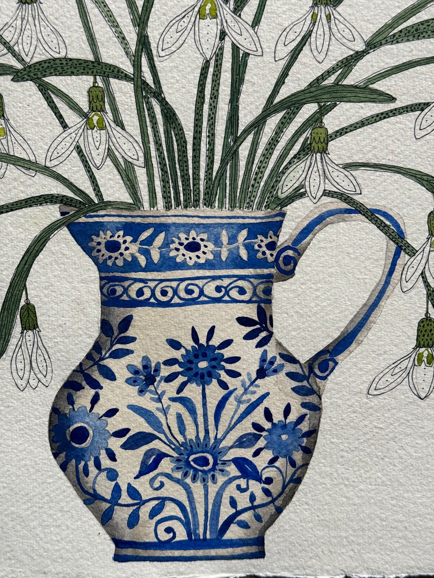 Original, Watercolour Snowdrops in a Delft inspired Jug.