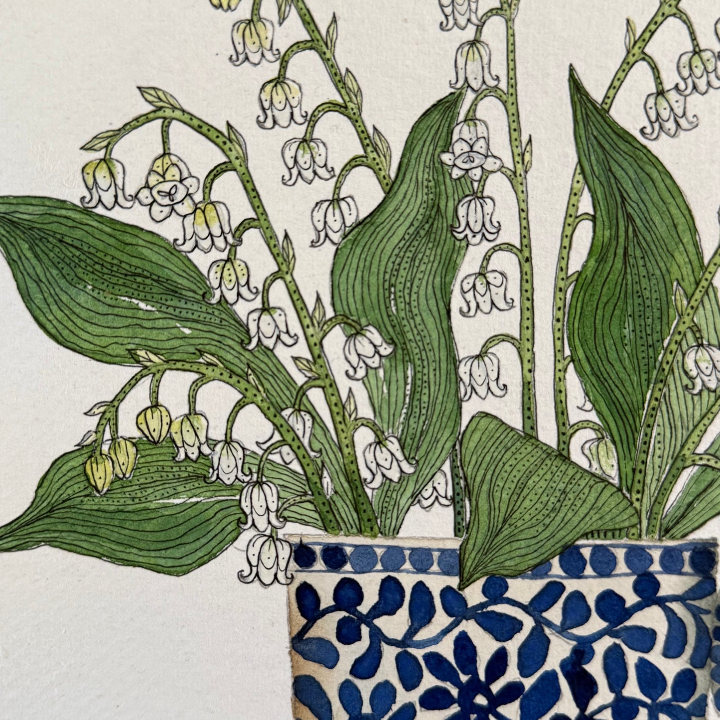 Original watercolour & ink painting of Lily of the valley in a little ceramic mug.