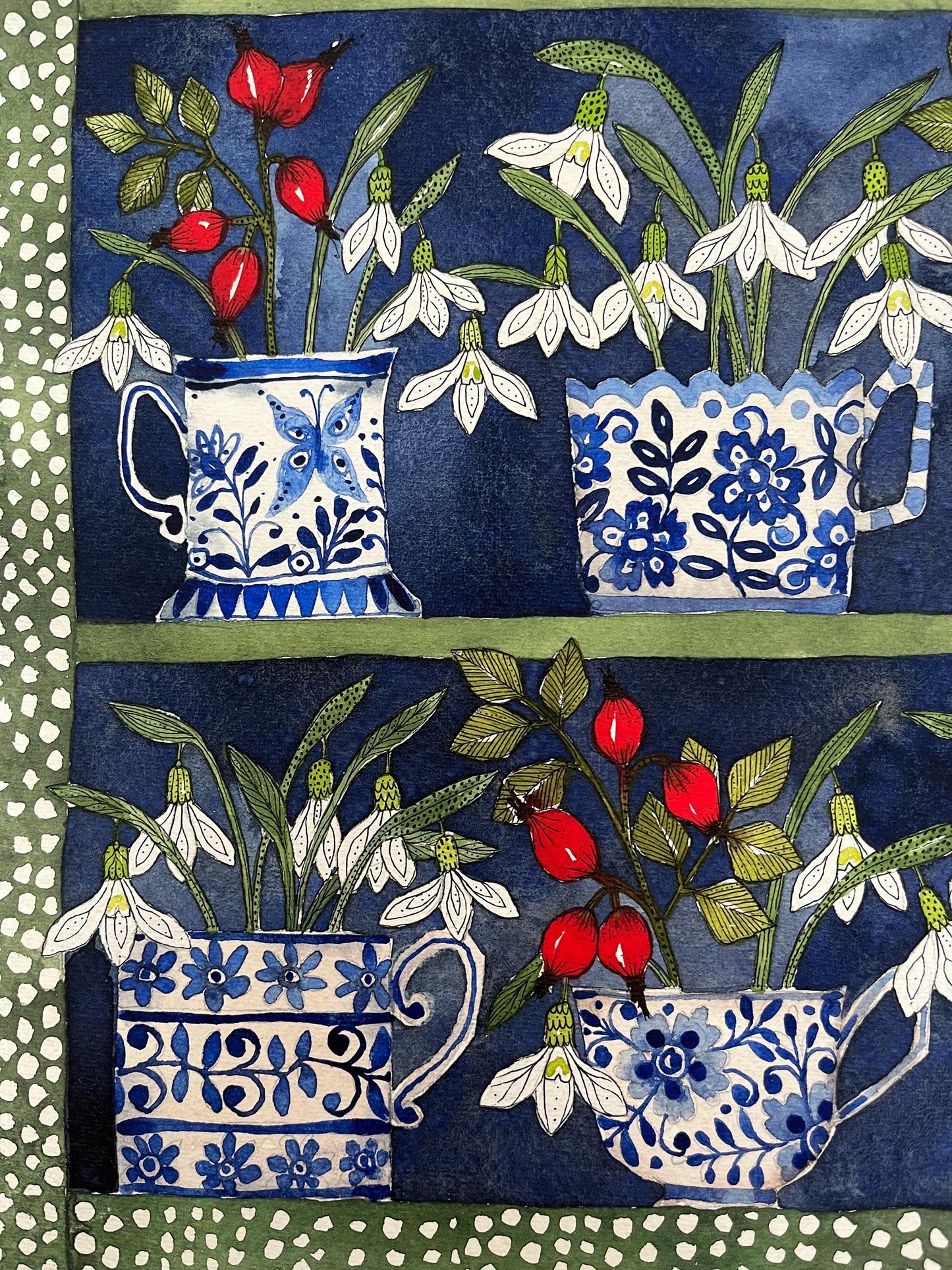 A3, giclee print of watercolour and ink snowdrops & Rosehips in delftware, ceramic teacups displayed in a patterned plant Theatre.