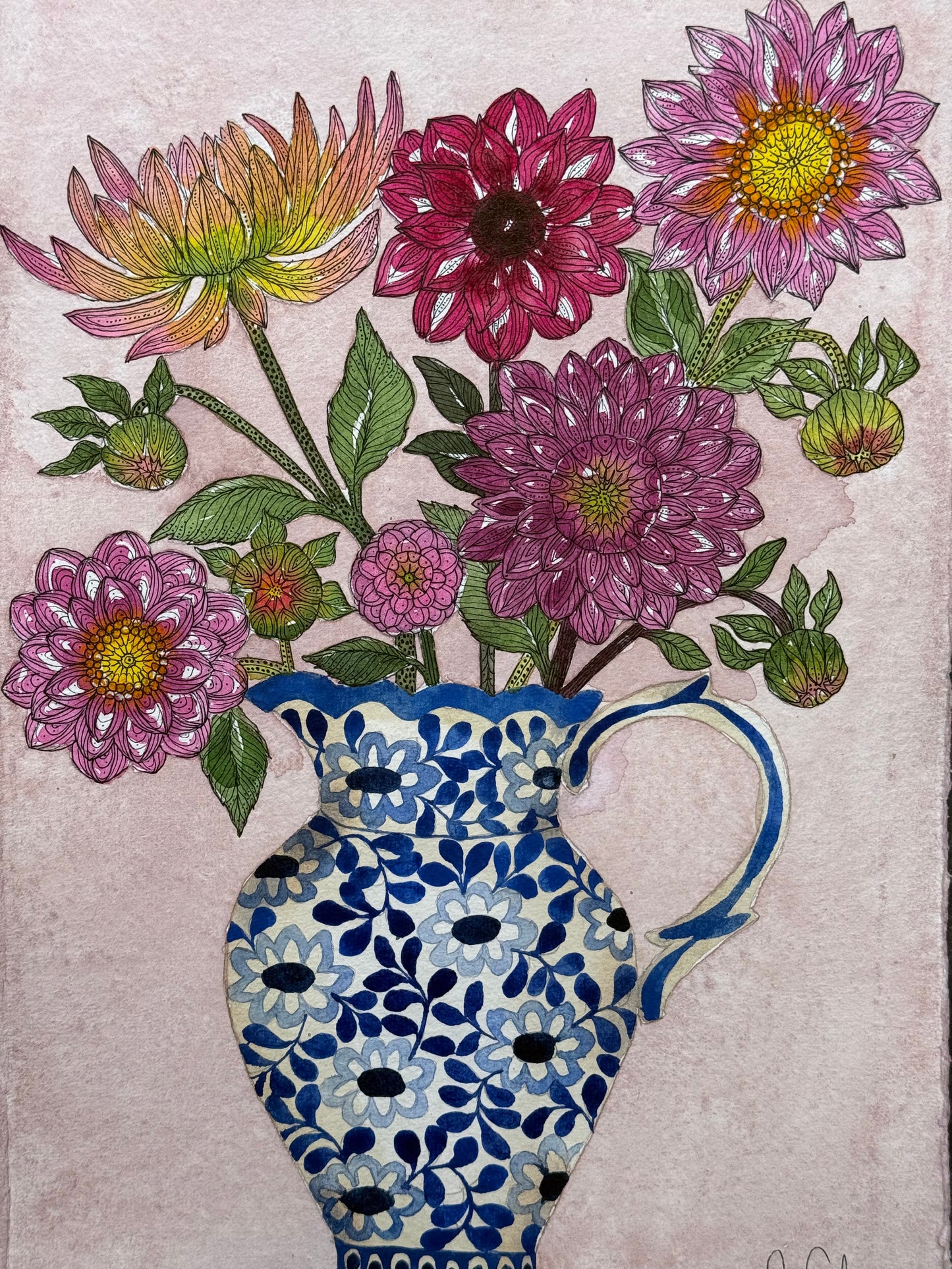 Original, A4 Watercolour painting of Dahlias in a Ceramic Vase