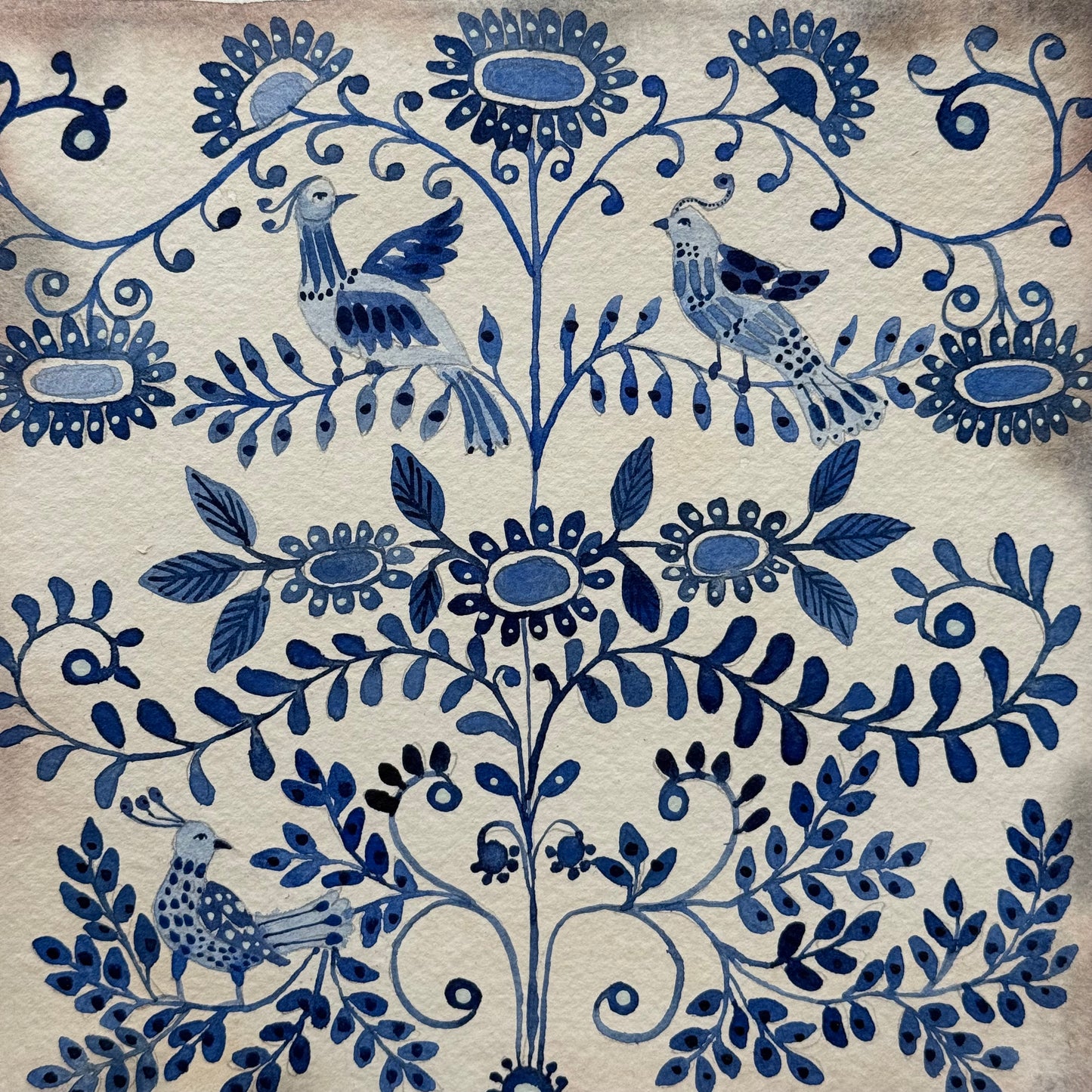 Original, Watercolour Delft Birds & Pattern.