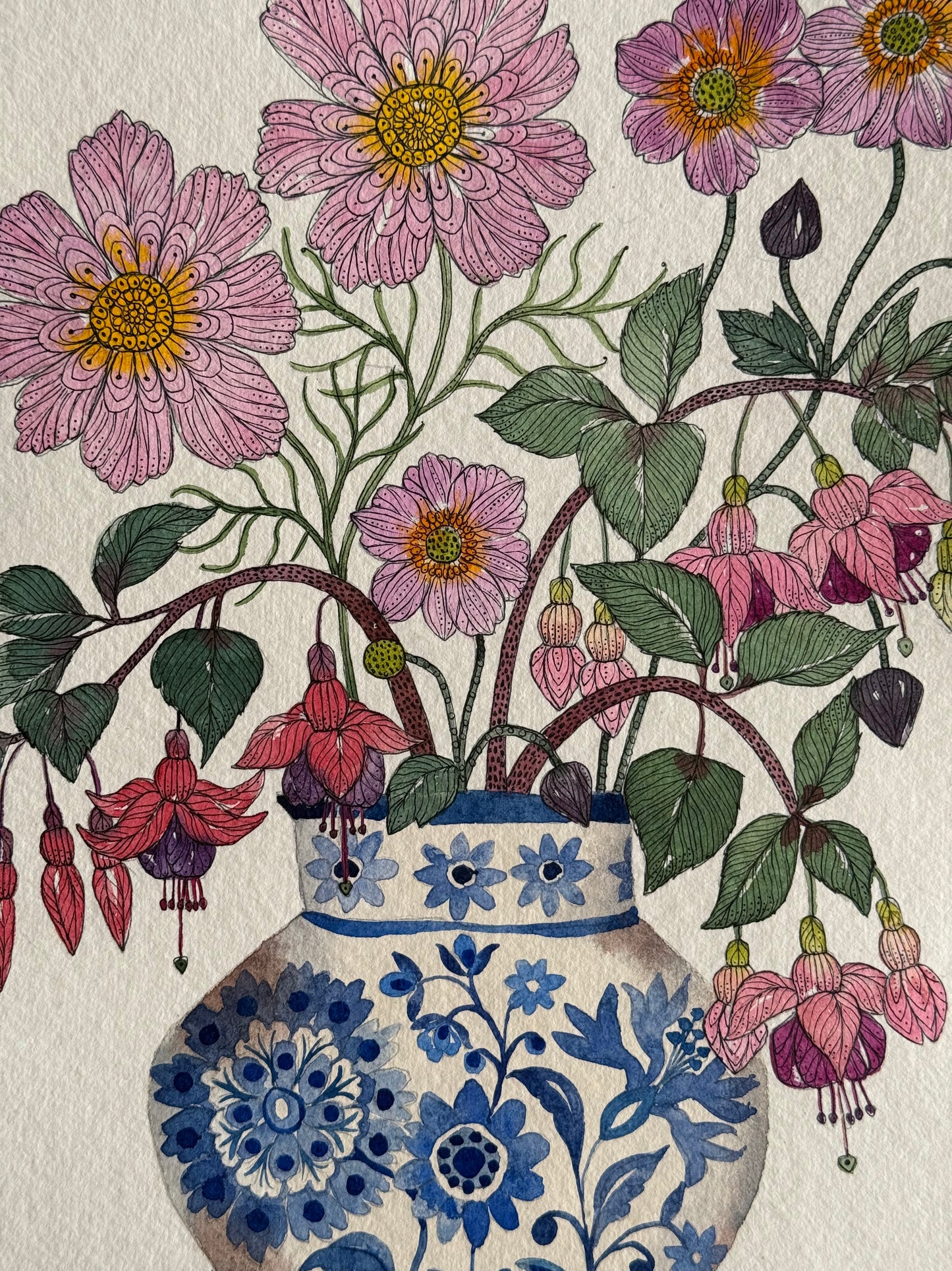 Original, A4 watercolour Cosmos, Fuchsia & Anemone Flowers in a Delft Vase