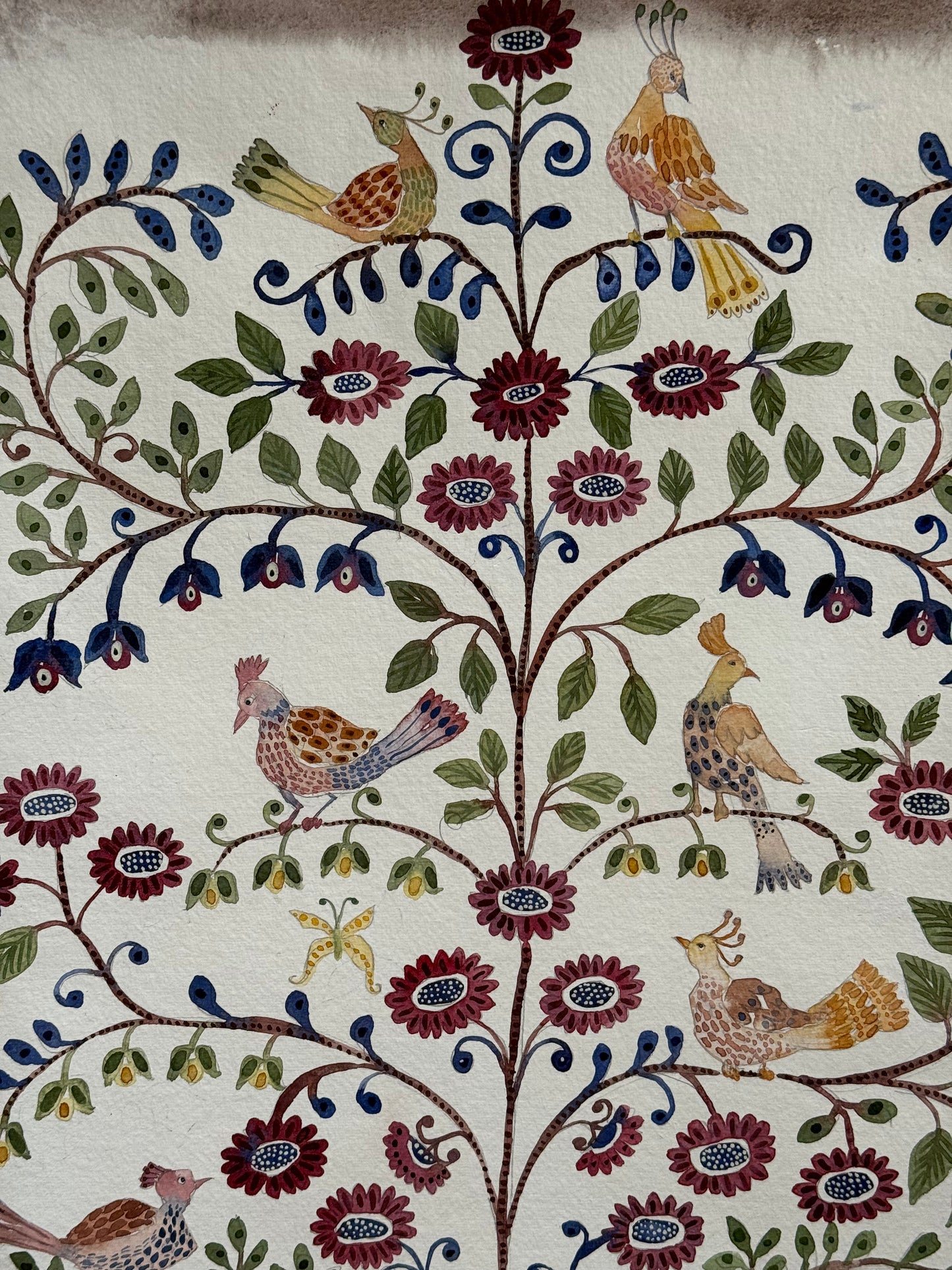 Original, Tall, Watercolour Floral & Bird Pattern Piece