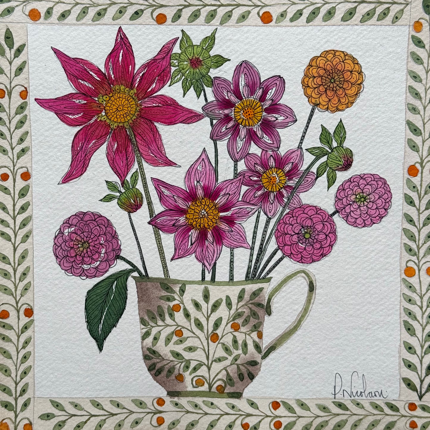 Original, watercolour painting of Dahlias in a little green & orange teacup.
