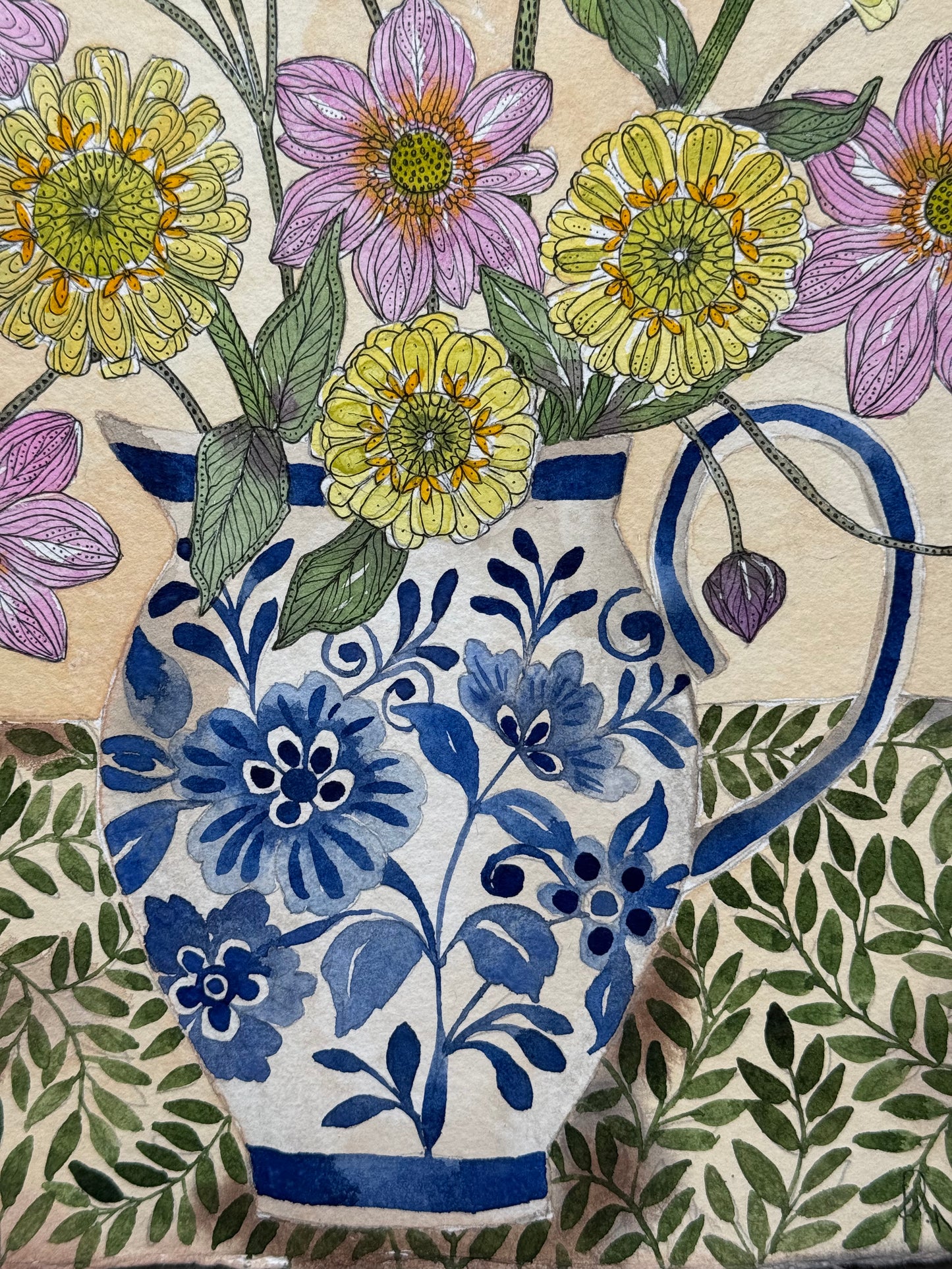Original, A4 Watercolour Anemones, zinnias and a Dahlia arranged in a Delft Vase