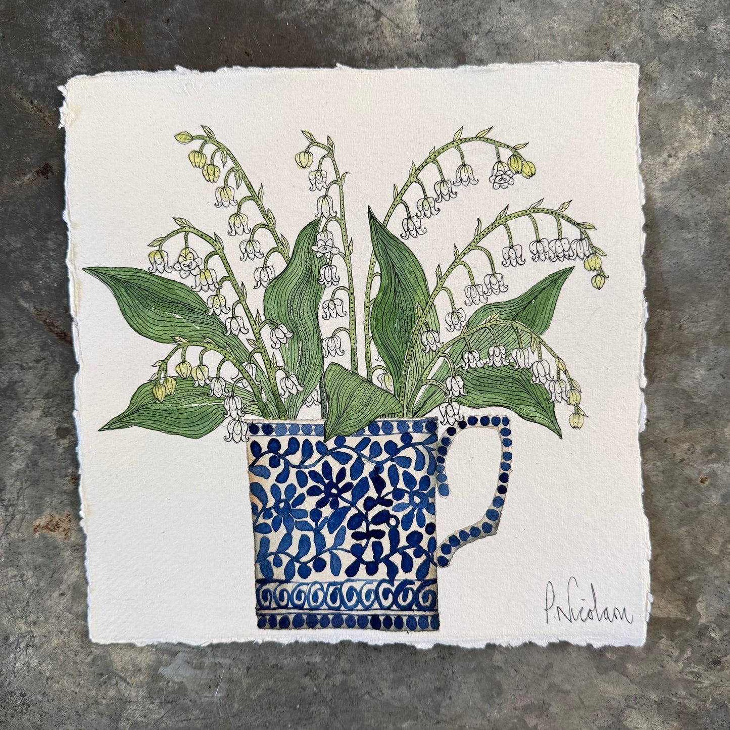 Original watercolour & ink painting of Lily of the valley in a little ceramic mug.