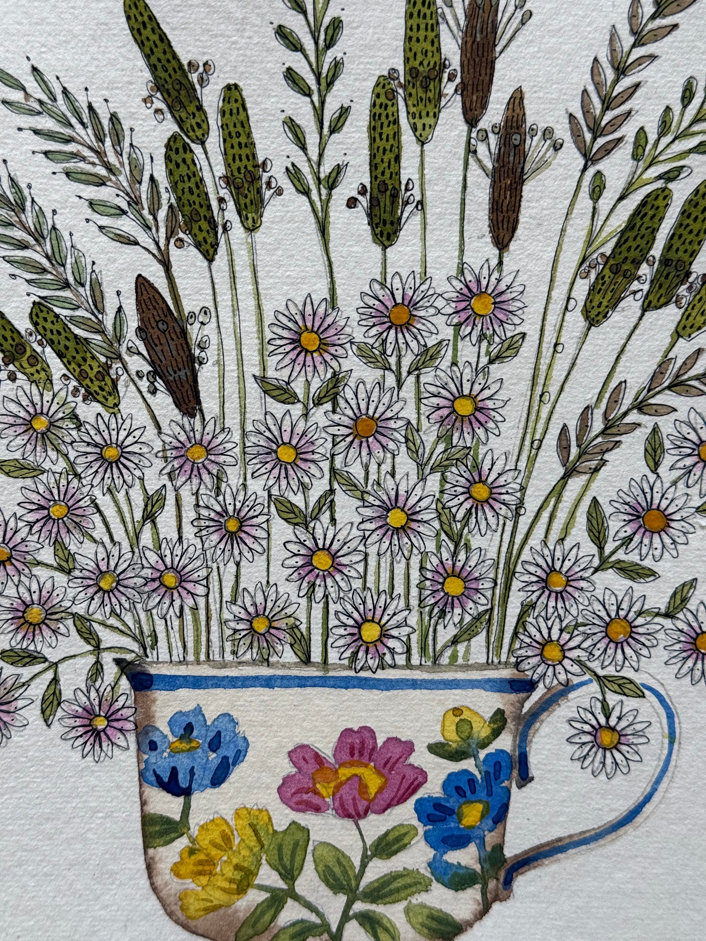 A5, Original, Watercolour Daisies & Grasses in a Teacup