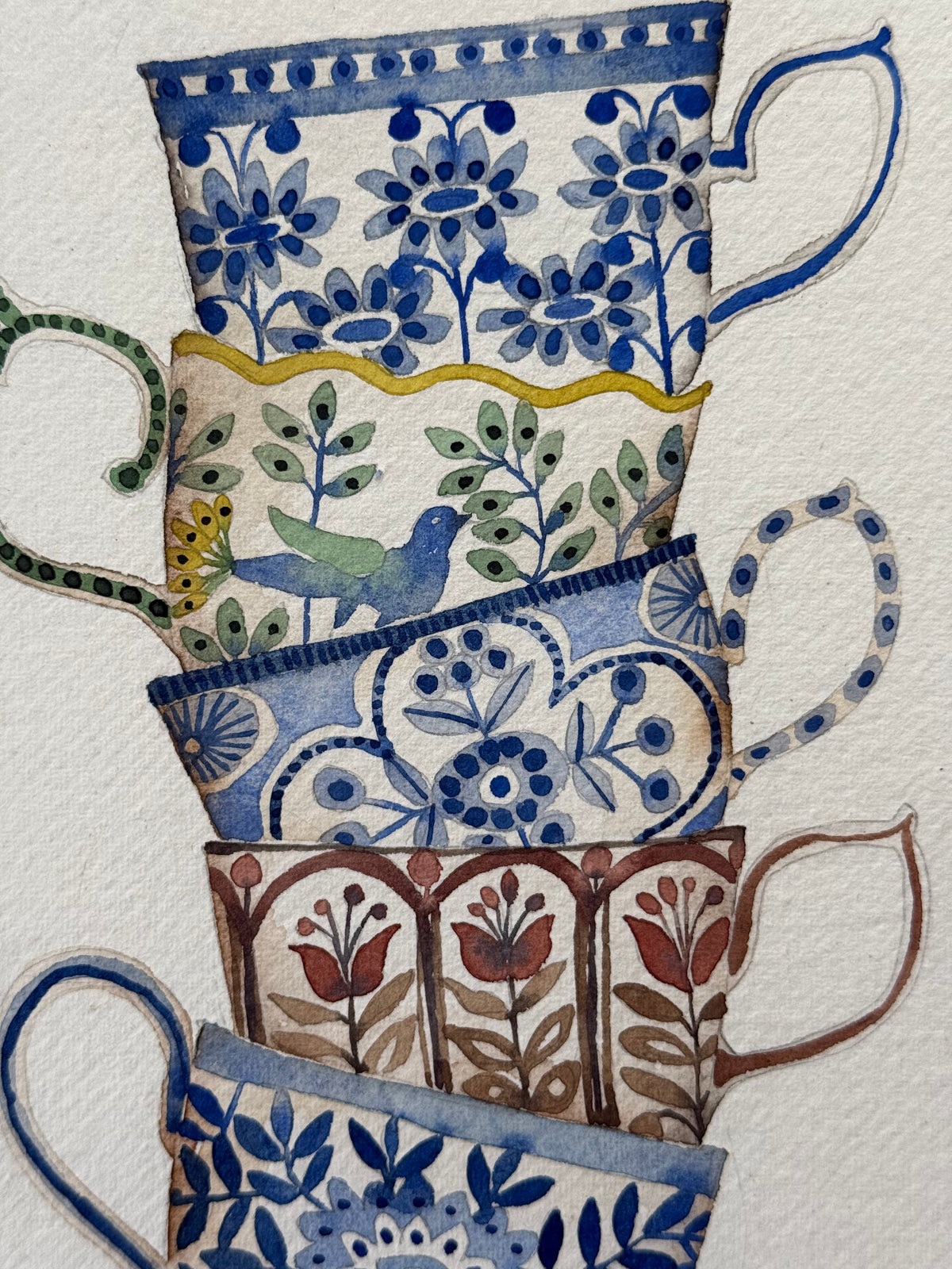 A4, Original Watercolour Stacked Teacups on Paper