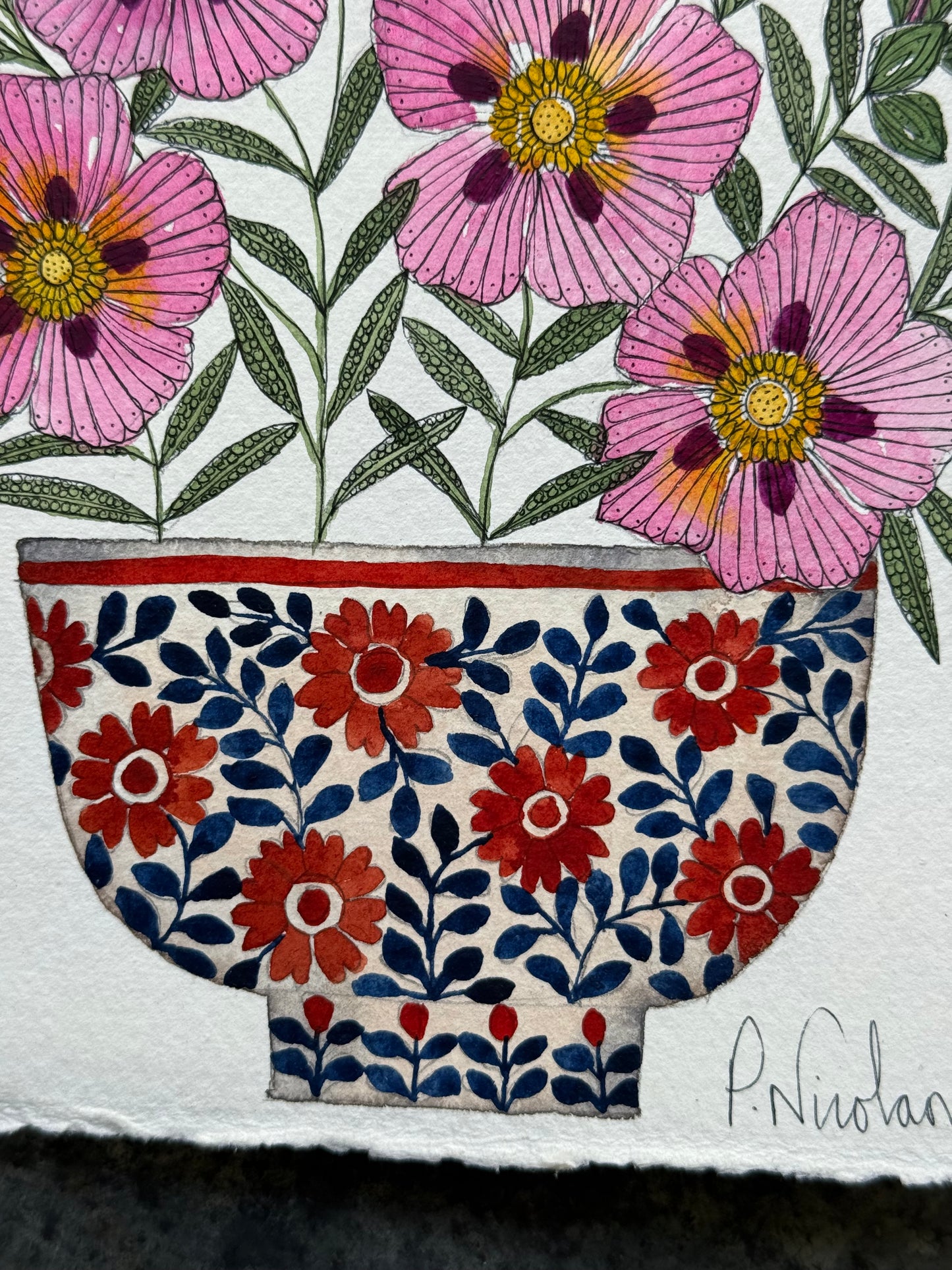 Original, A5 watercolour painting of Cistus Flowers in a little patterned Pot