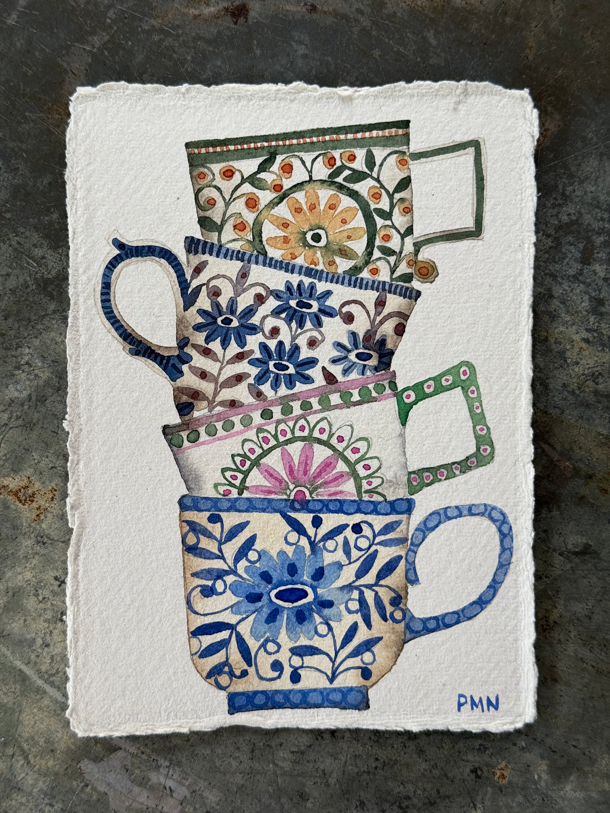A6, Original Watercolour Stacked Colourful Teacups
