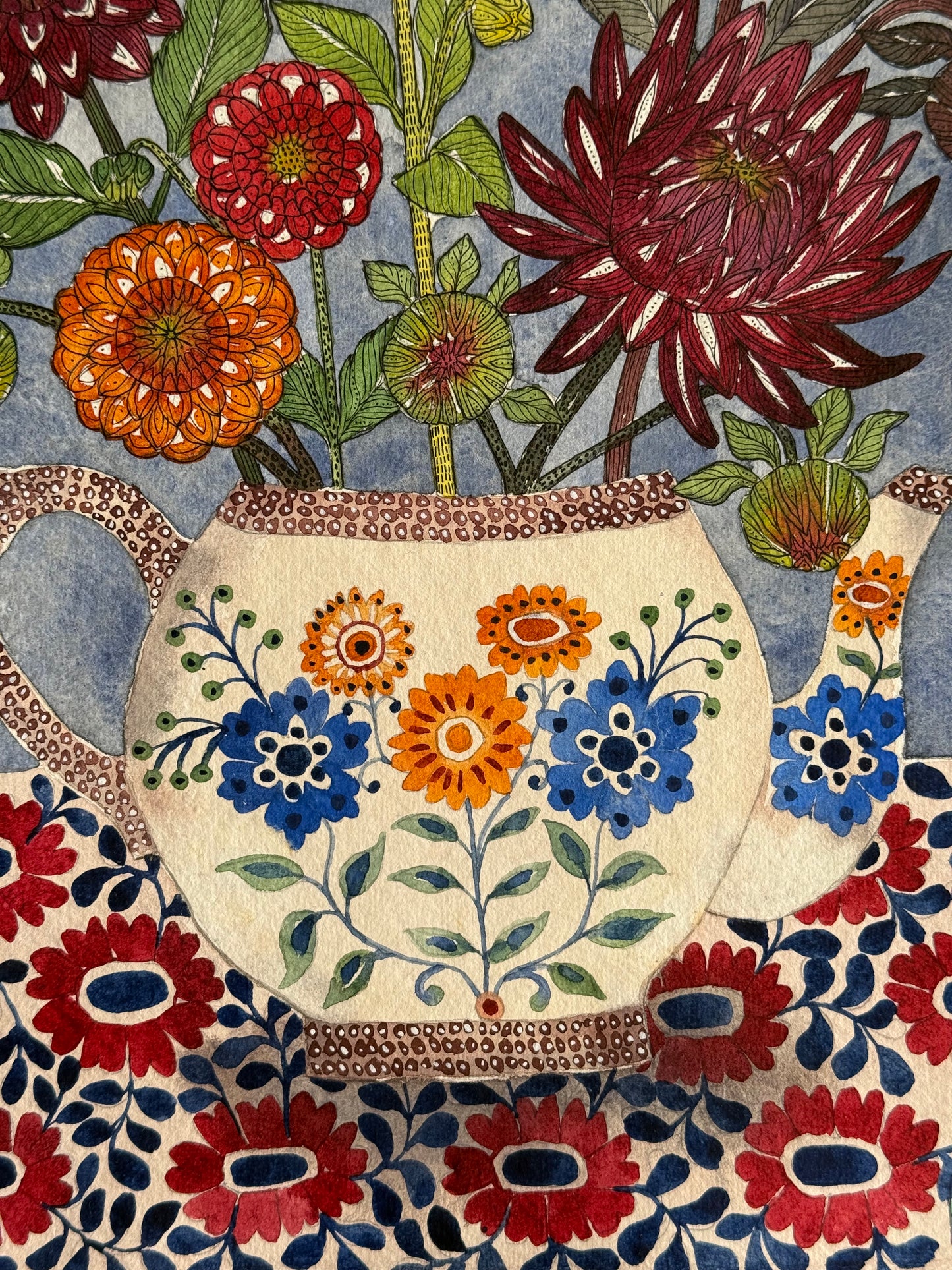Original, A4 Watercolour Dahlias in a patterned Teapot
