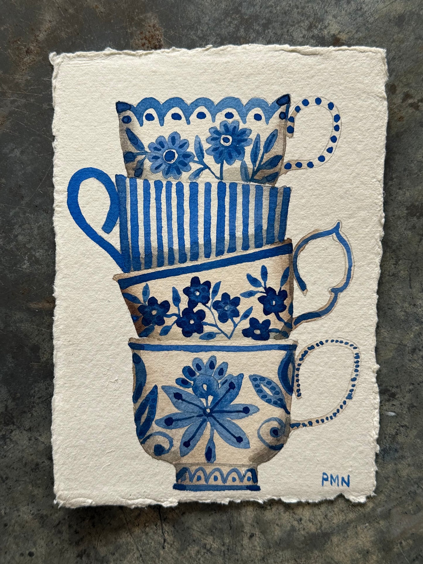 A6, Original Watercolour Stacked Teacups (b)