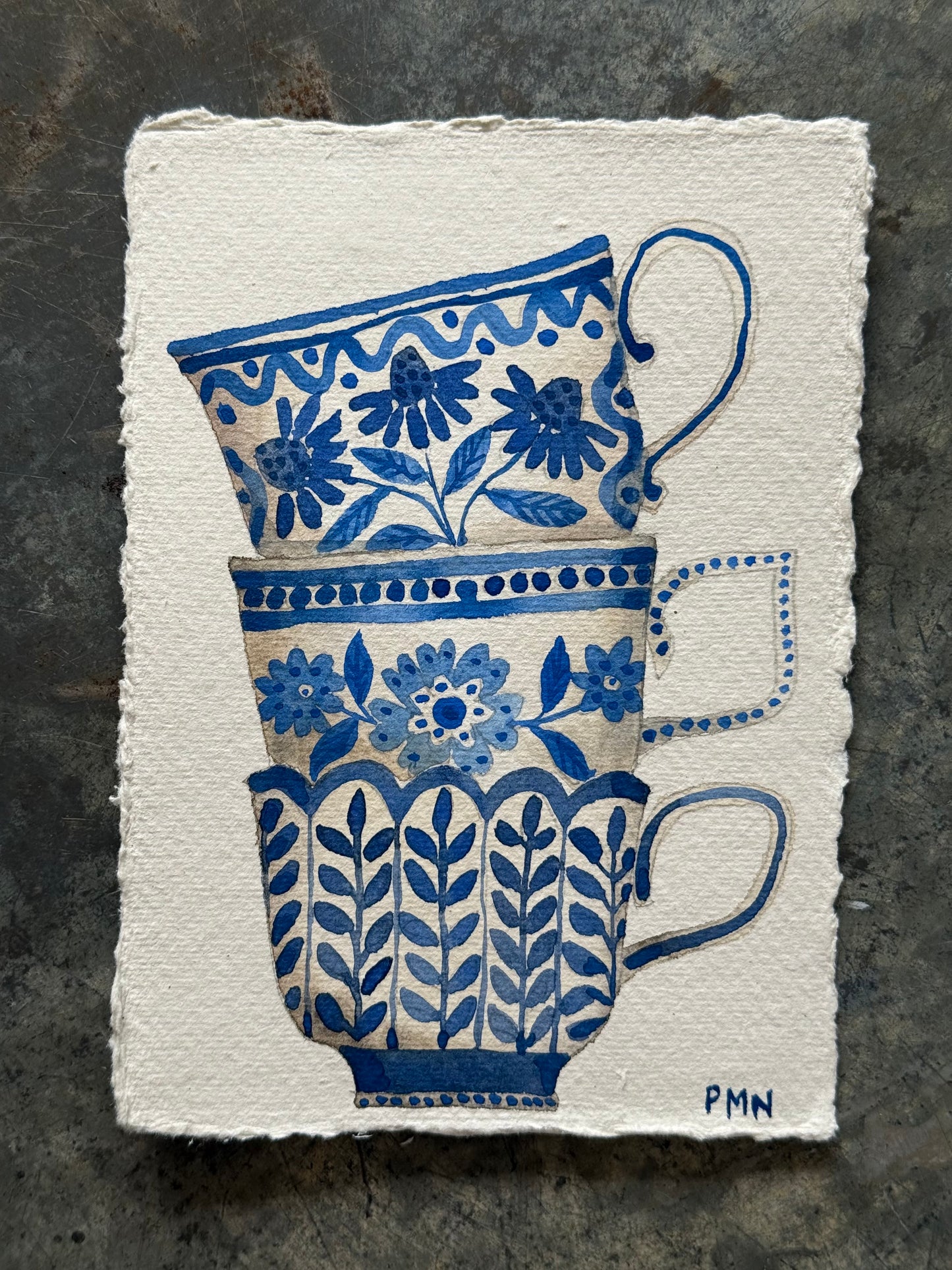 A6, Original Watercolour Stacked Teacups (c)