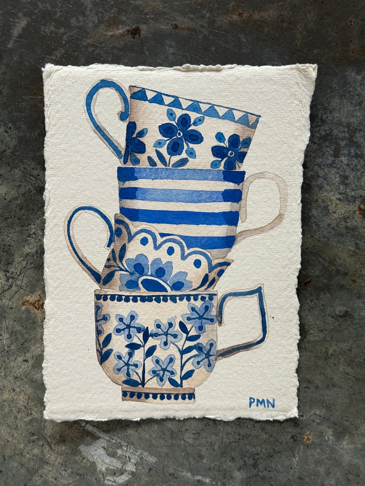 A6, Original, Watercolour Stacked Teacups (b)