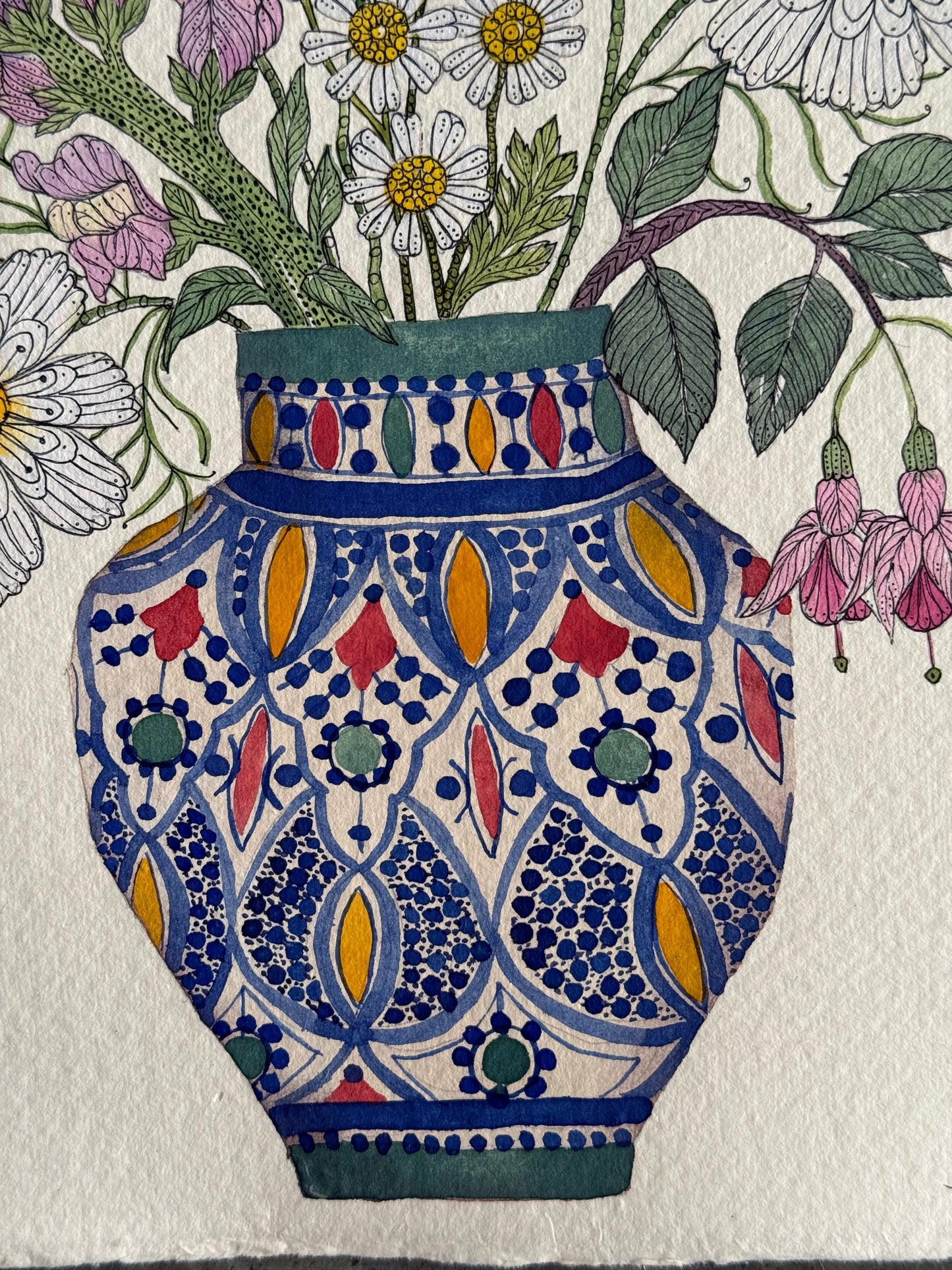 Original, A4 Watercolour Cosmos, Fuchsia, Daisies & a Snapdragon Flower in a Patterned Vase