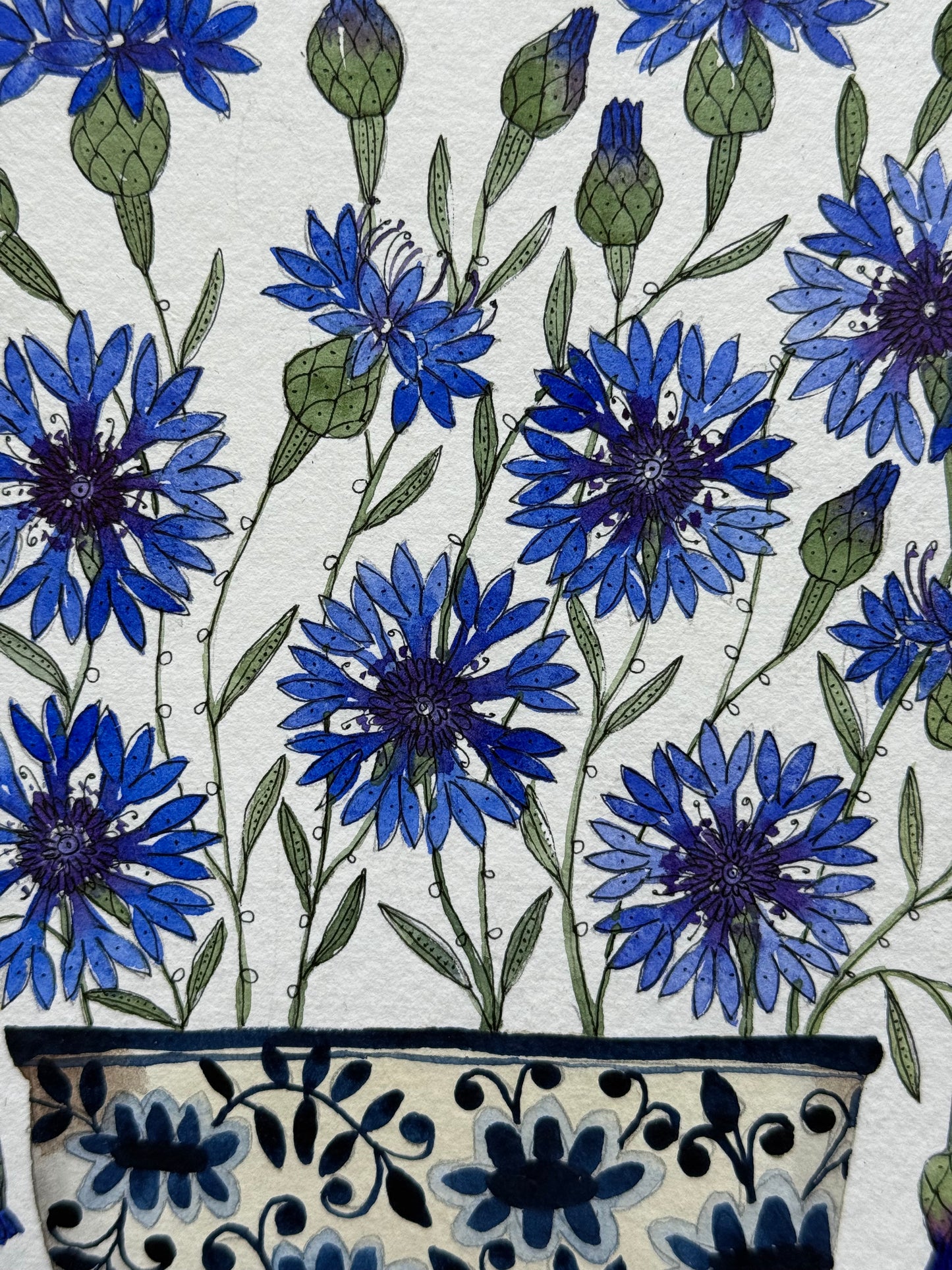 Original, A5, watercolour painting of Cornflowers in a little patterned Pot