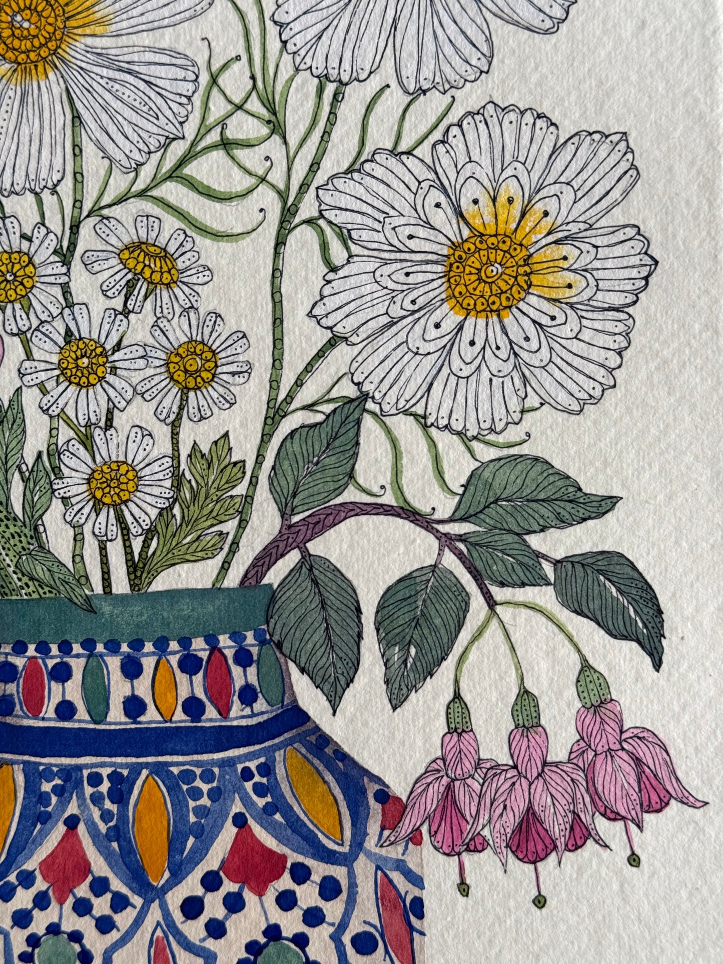 Original, A4 Watercolour Cosmos, Fuchsia, Daisies & a Snapdragon Flower in a Patterned Vase