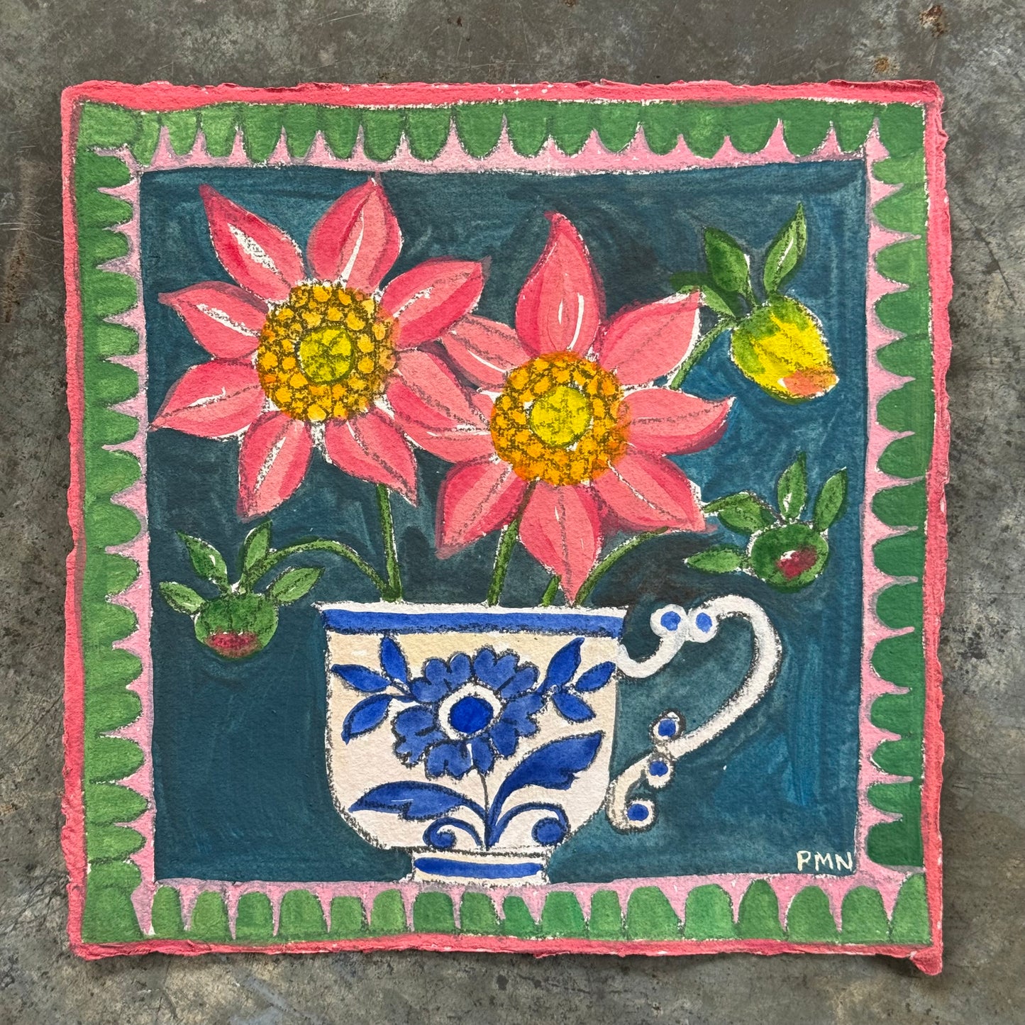 Original Gouache Patterned Dahlias