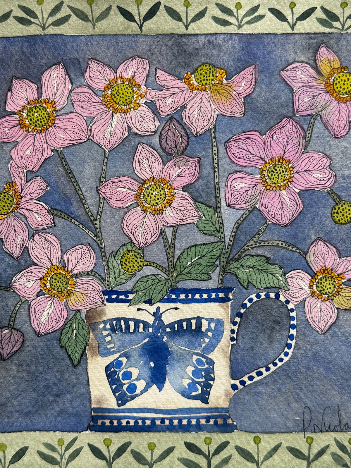 Original, Watercolour & Pen Pink Anemones