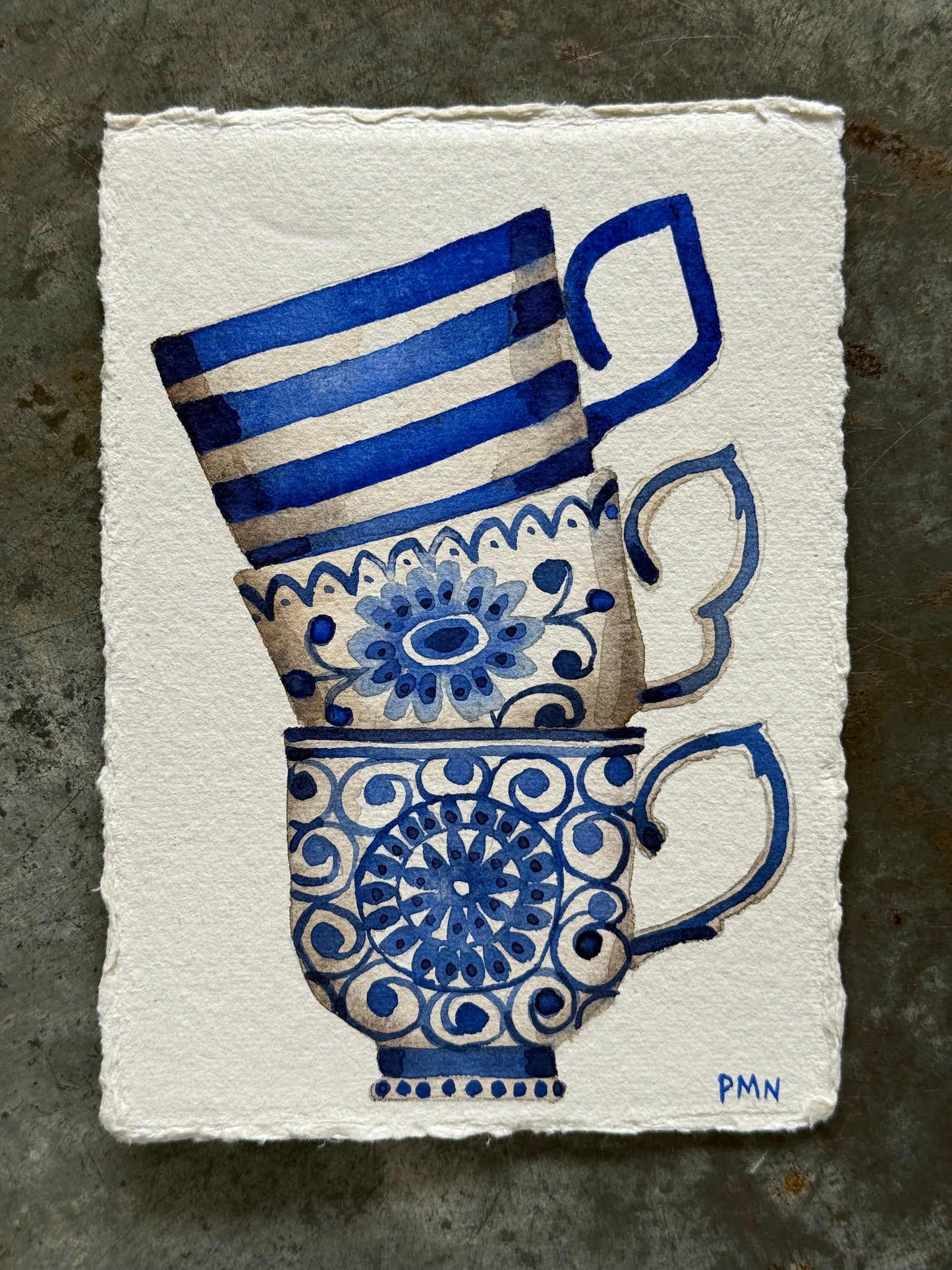 A6, Original Watercolour Stacked Teacups (A)