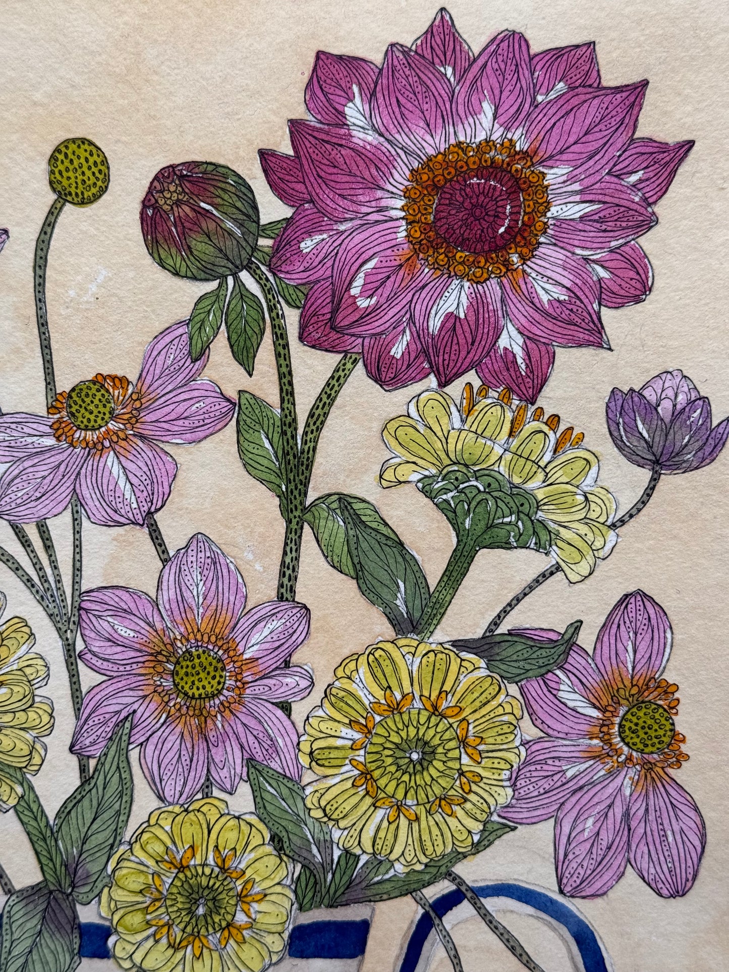 Original, A4 Watercolour Anemones, zinnias and a Dahlia arranged in a Delft Vase