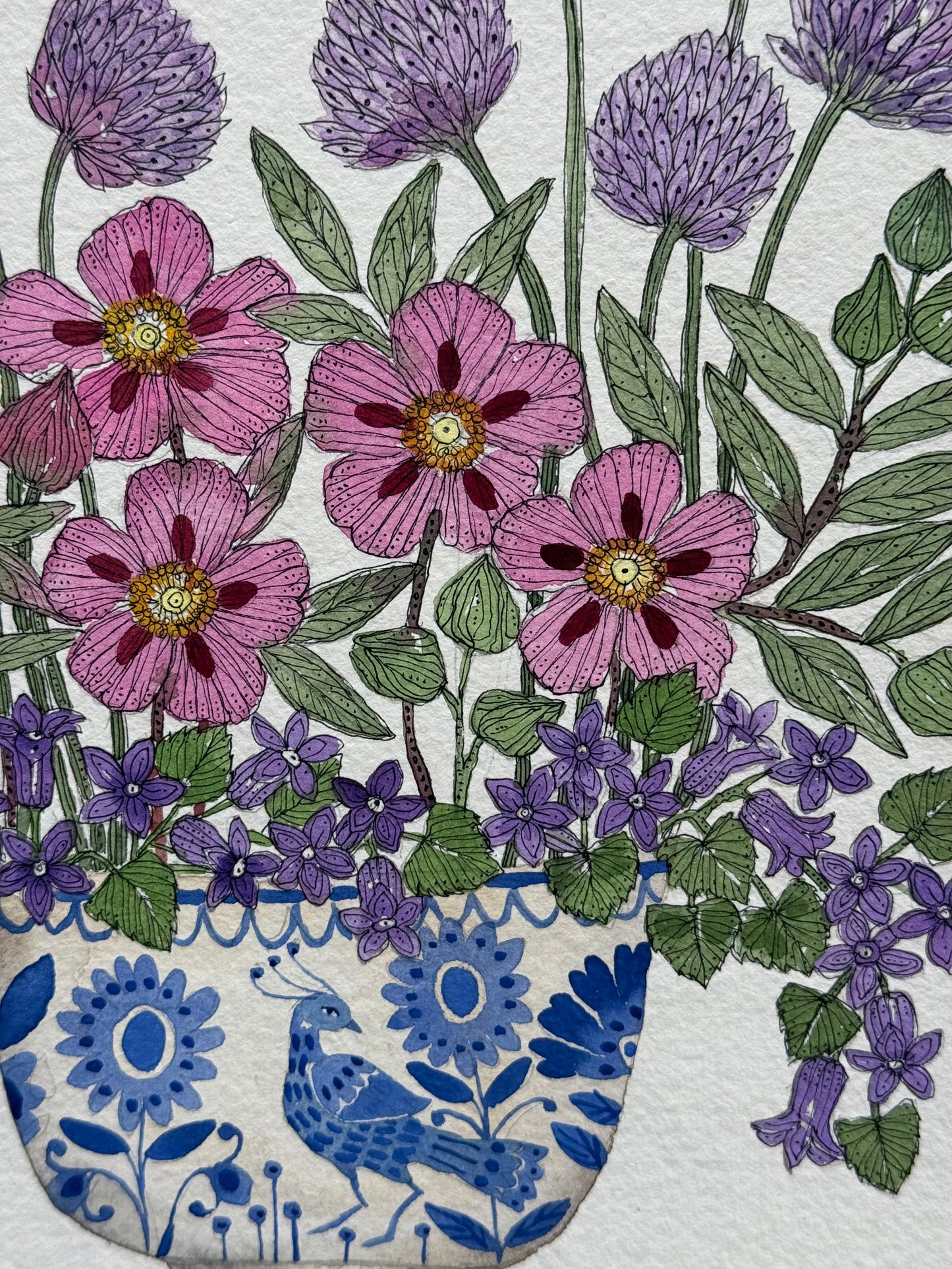 A4, Original Watercolour & Pen Cistus, Campanula & Chive Flowers