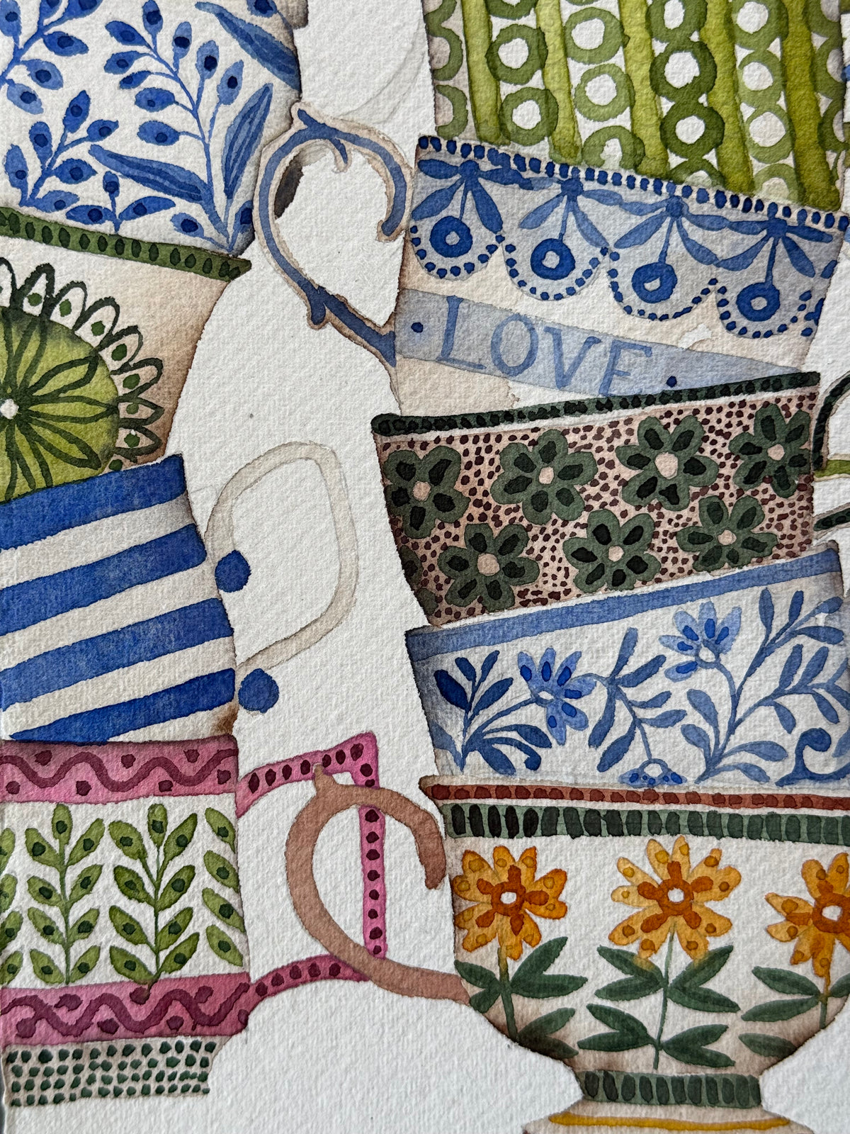 A4, Original Watercolour Stacked Teacups & Conversations