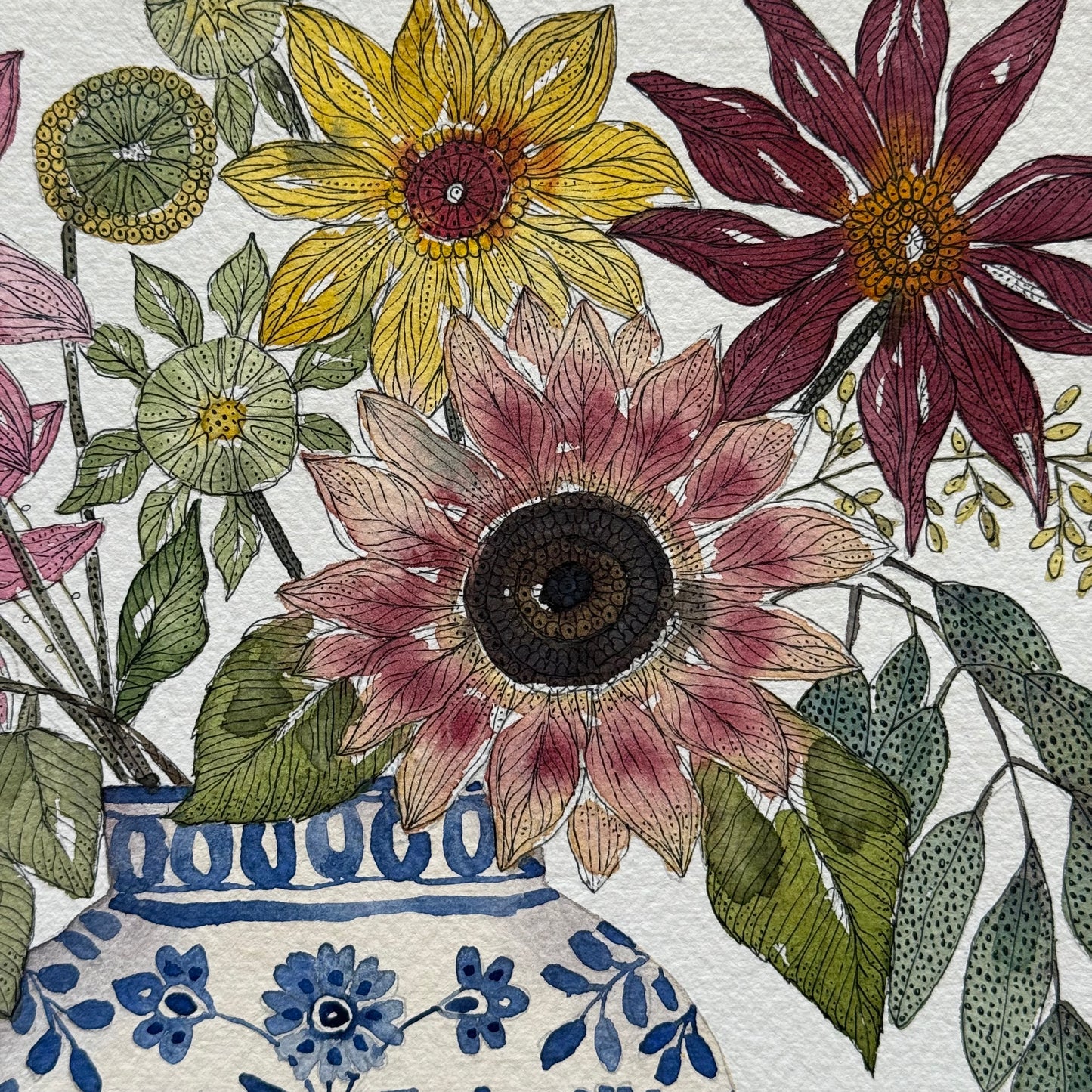 Original, Watercolour Painting of Autumnal Flowers in a Delft Vase.