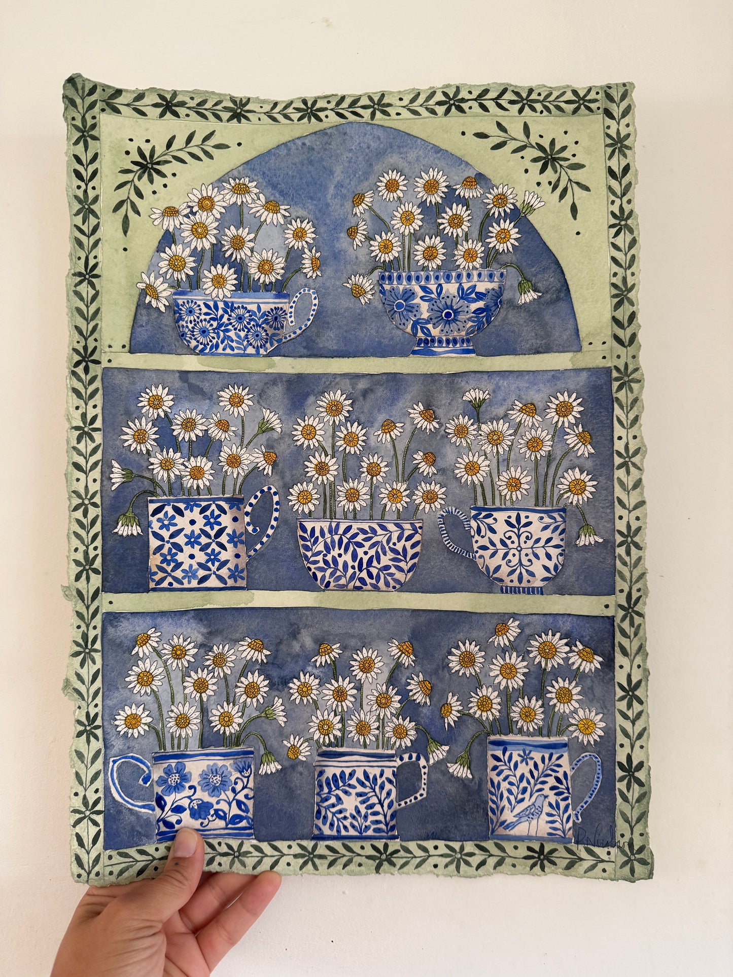 Original, A3 Watercolor painting of Daisy flowers in delftware.
