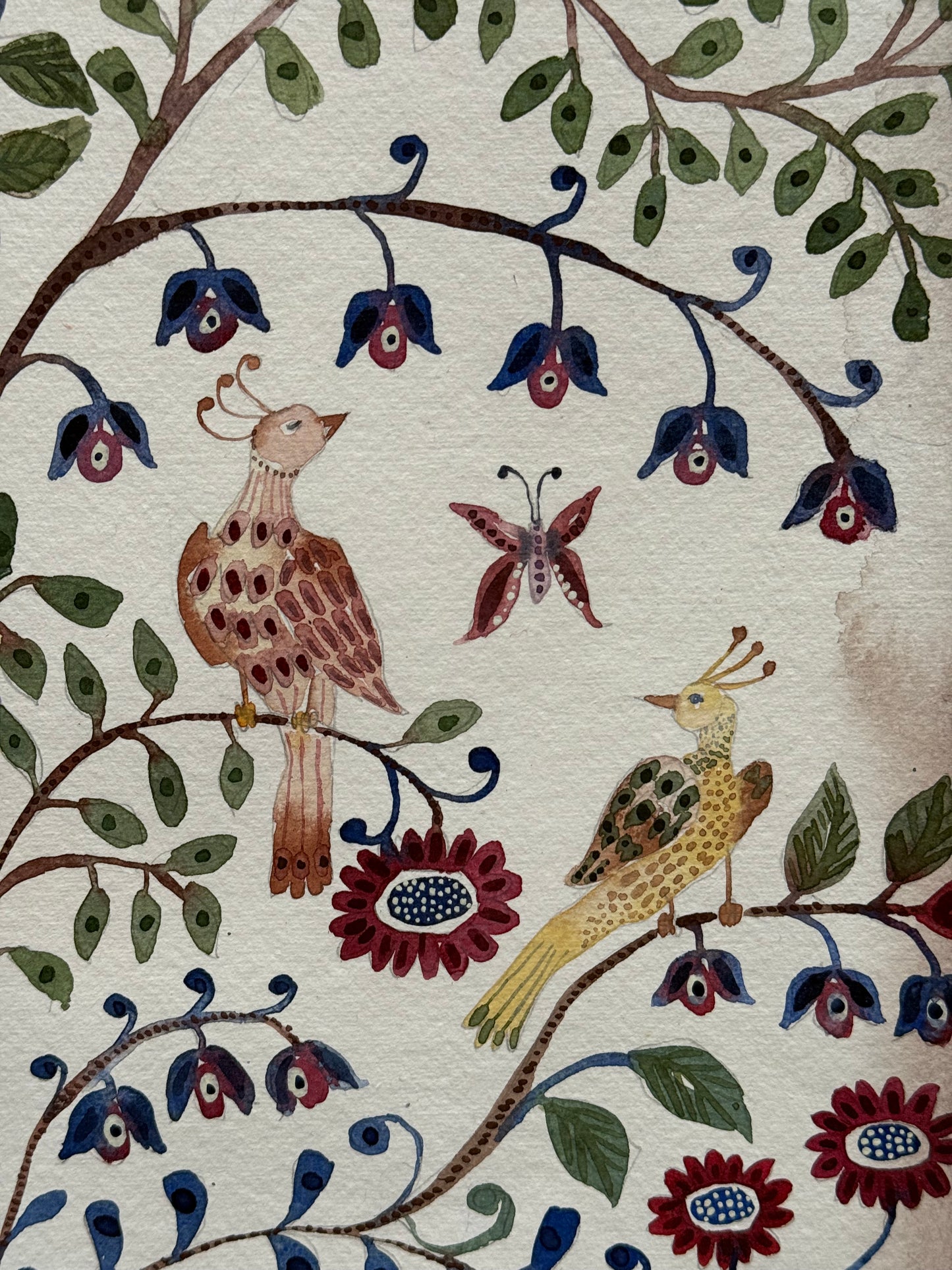 Original, Tall, Watercolour Floral & Bird Pattern Piece