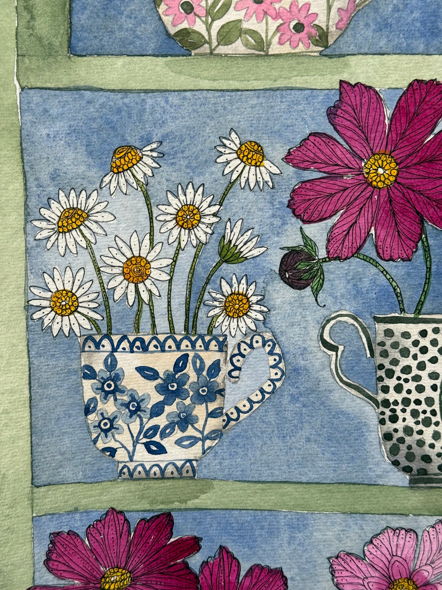 Original, A3, Watercolour painting of Cosmos & Daisy flowers in a Plant Theatre.