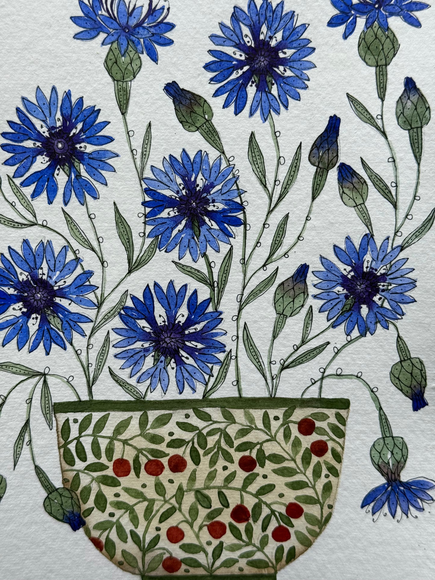Original, A5 watercolour painting of Cornflowers in a green & red Ceramic Pot.