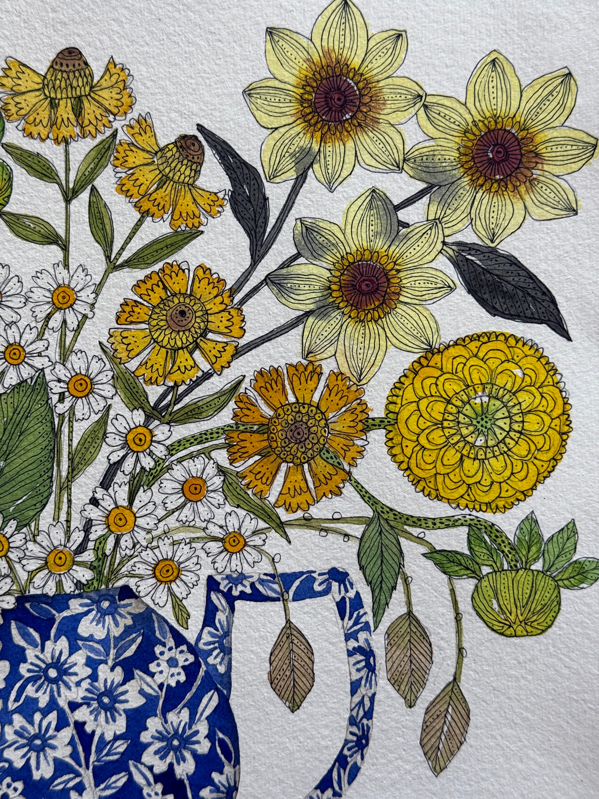 Large, Original, Watercolour Yellow Flowers in a Burleigh Teapot