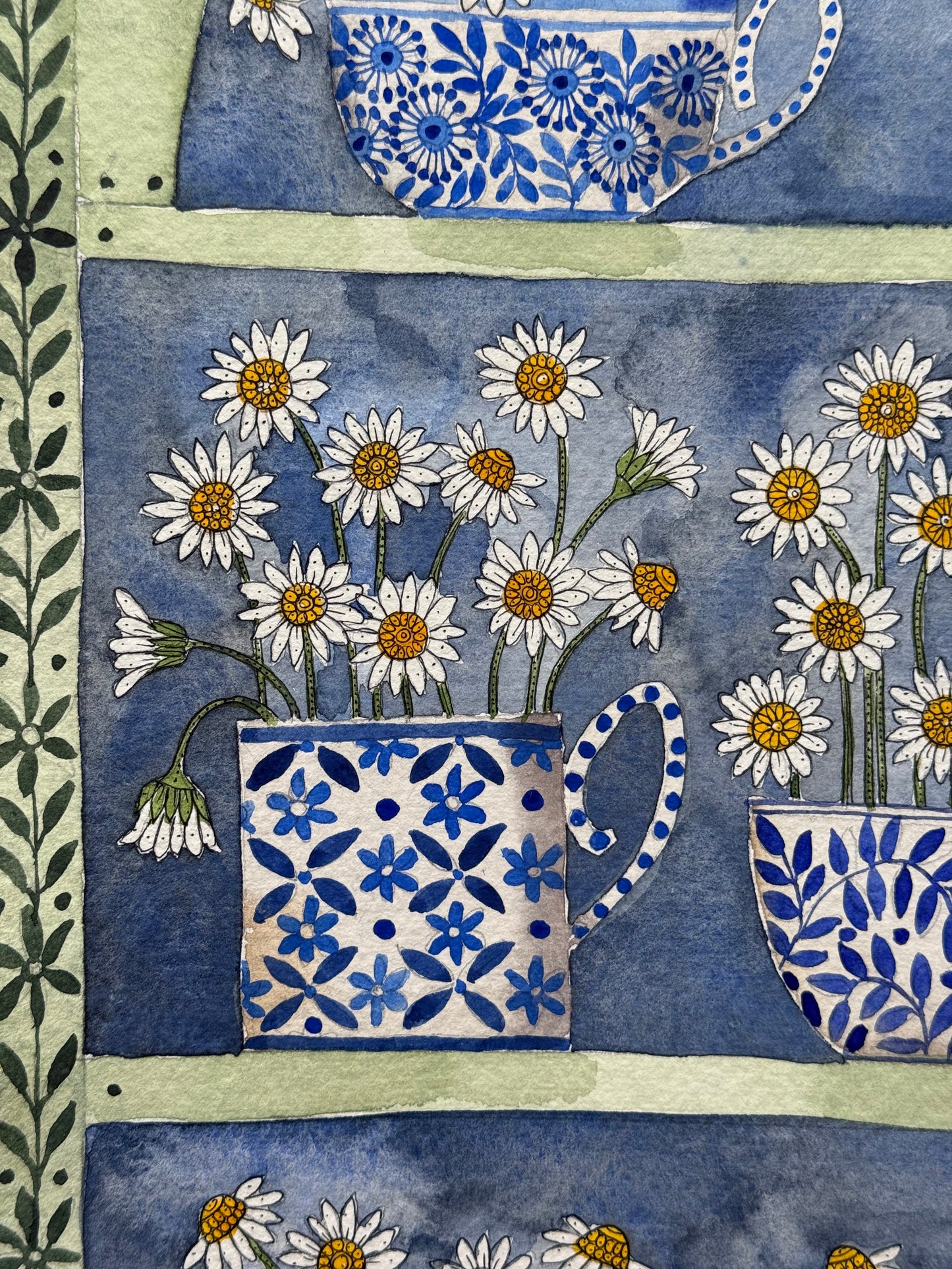 Original, A3 Watercolor painting of Daisy flowers in delftware.