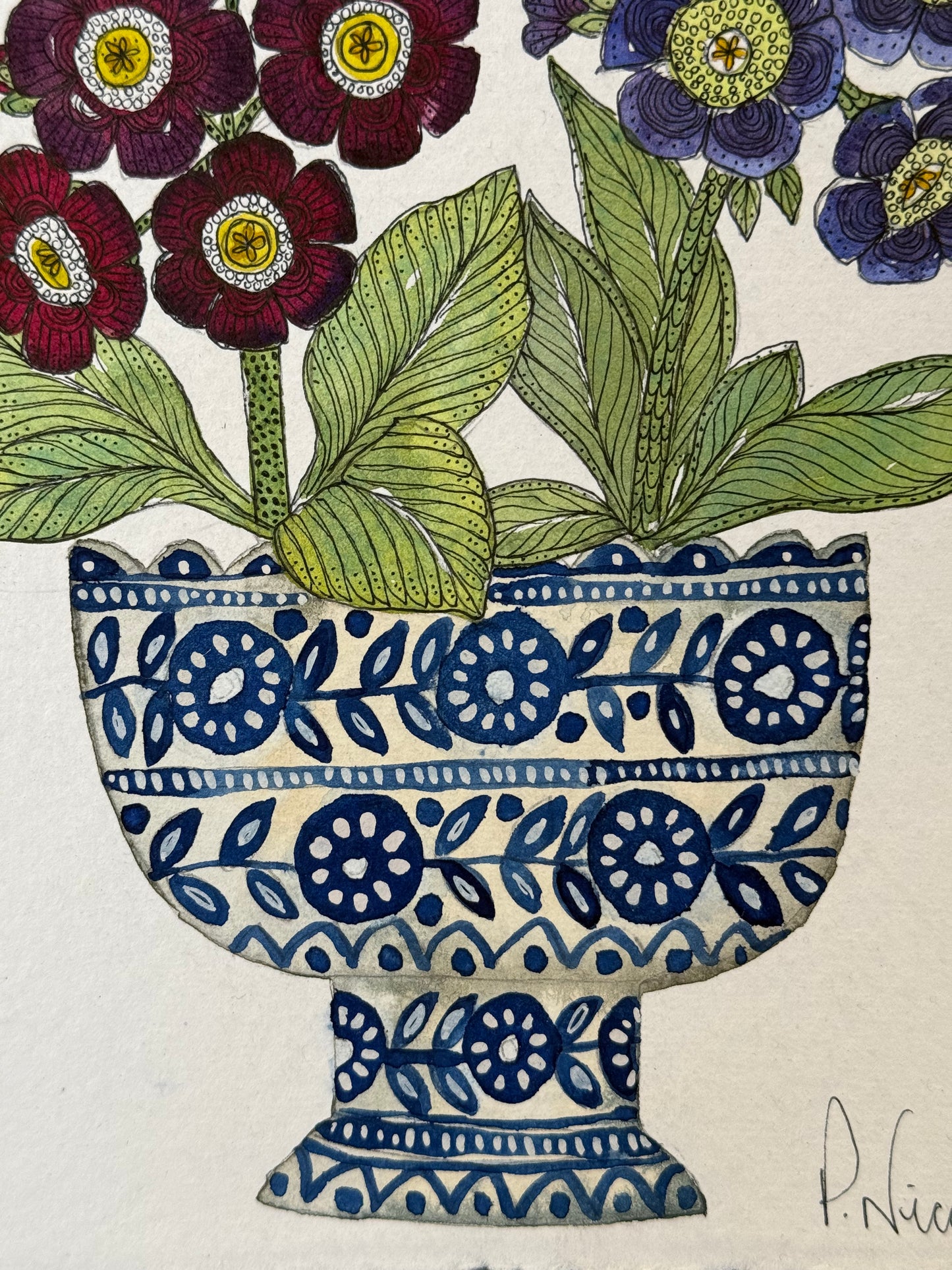 Original watercolour & ink auricular flowers in blue & white ceramic vessel