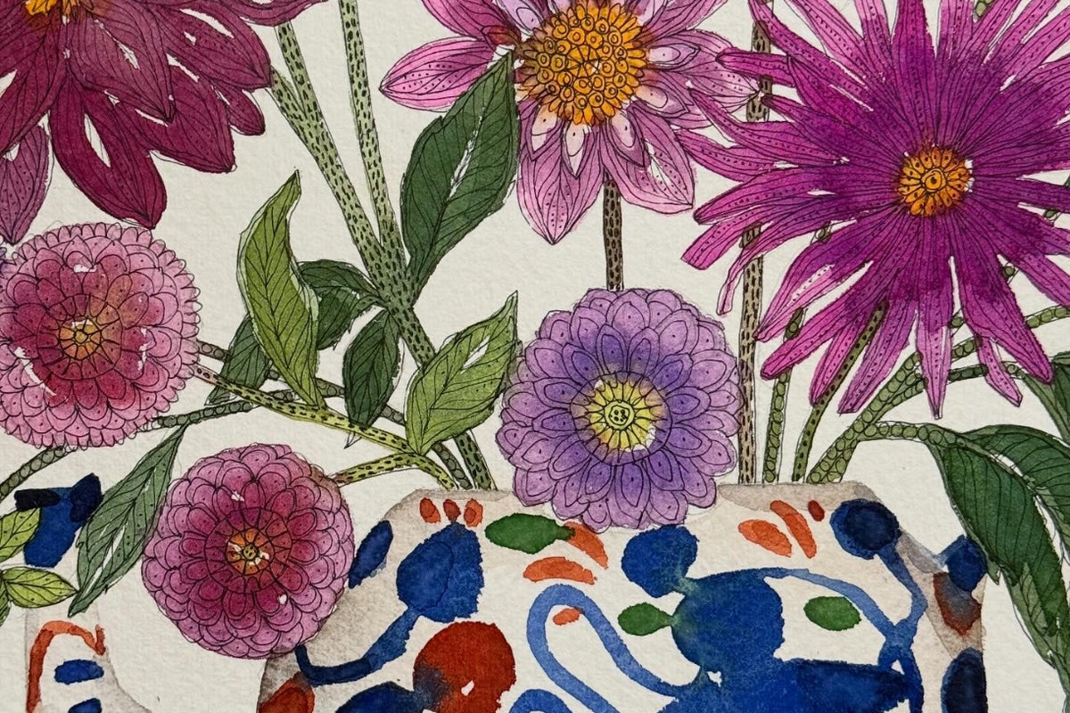 Large, Original Watercolour Dahlias in a Teapot