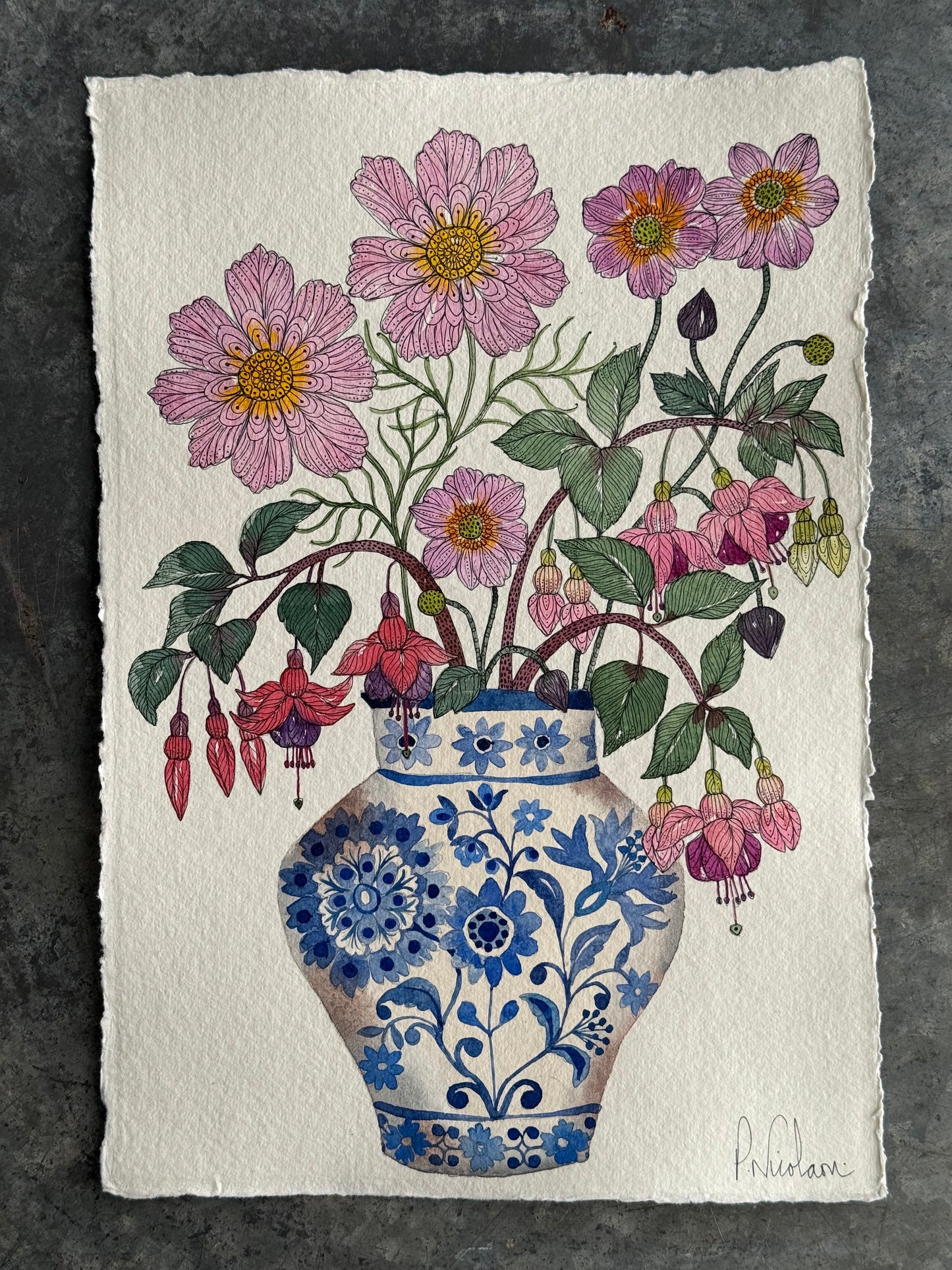 Original, A4 watercolour Cosmos, Fuchsia & Anemone Flowers in a Delft Vase