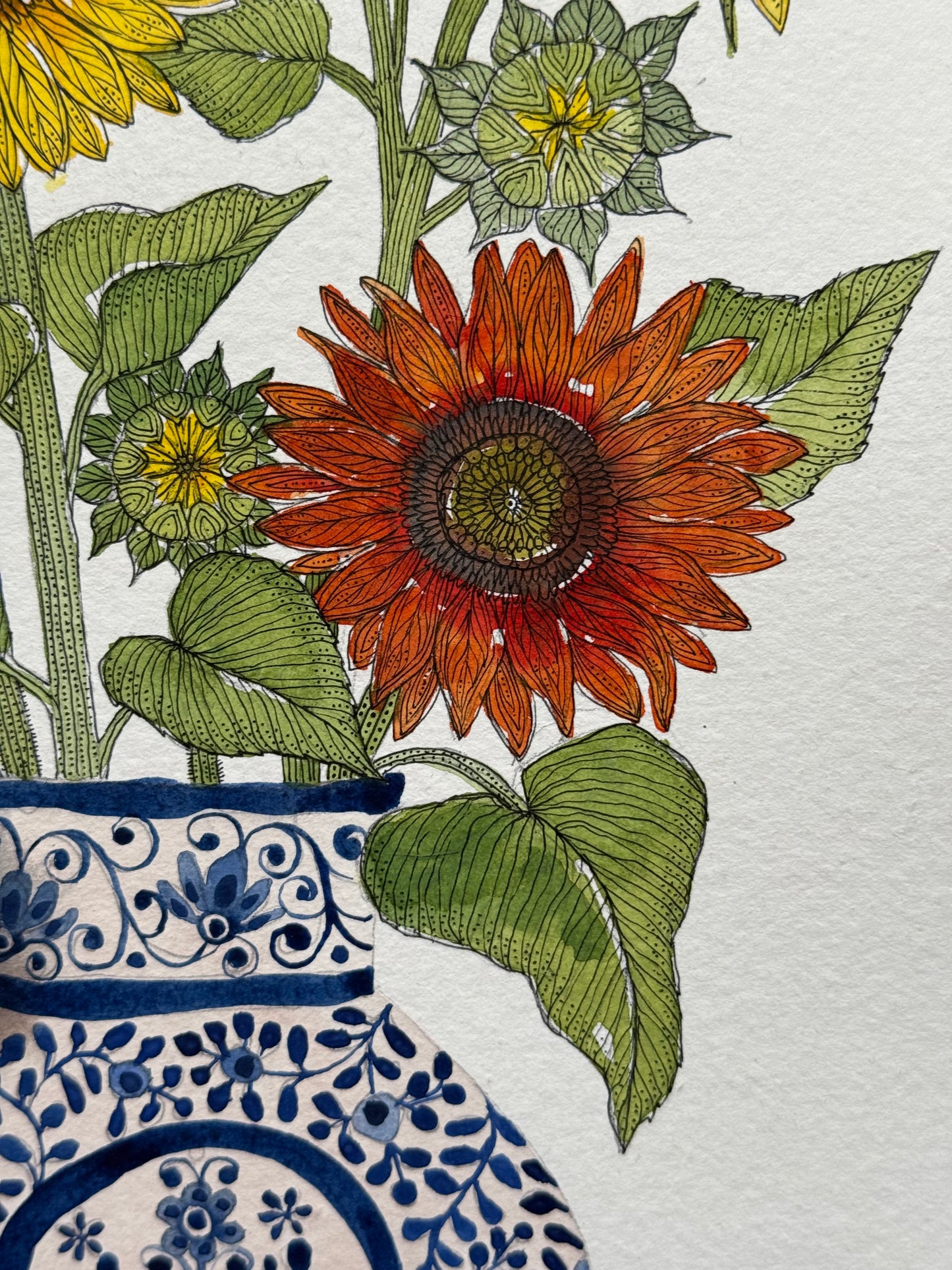 Original, A4 watercolour painting of Sunflowers in a blue & white Ceramic Vase