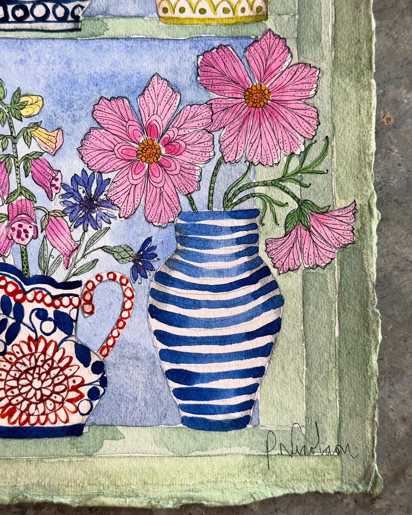 Original, A4 watercolour painting of Cosmos & Helenium in different ceramic Vases.