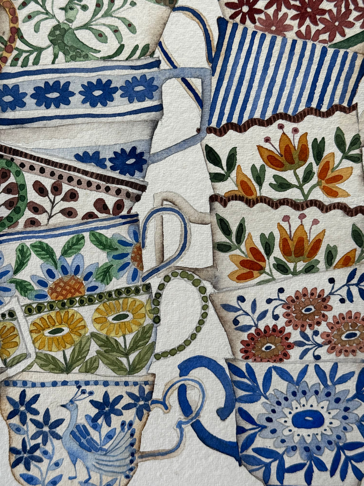 A4, Original, Watercolour, Stacked Teacups & Rooster