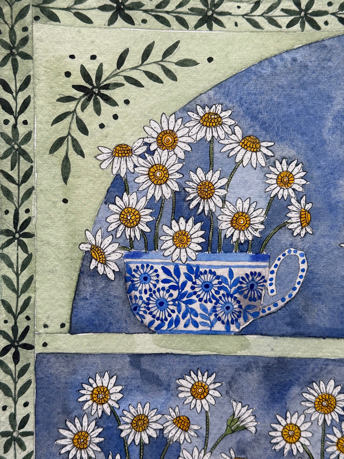Original, A3 Watercolor painting of Daisy flowers in delftware.