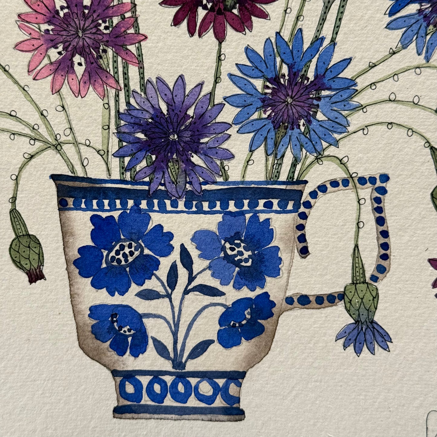 Original, Watercolour Cornflowers & Chive Flowers in a Teacup