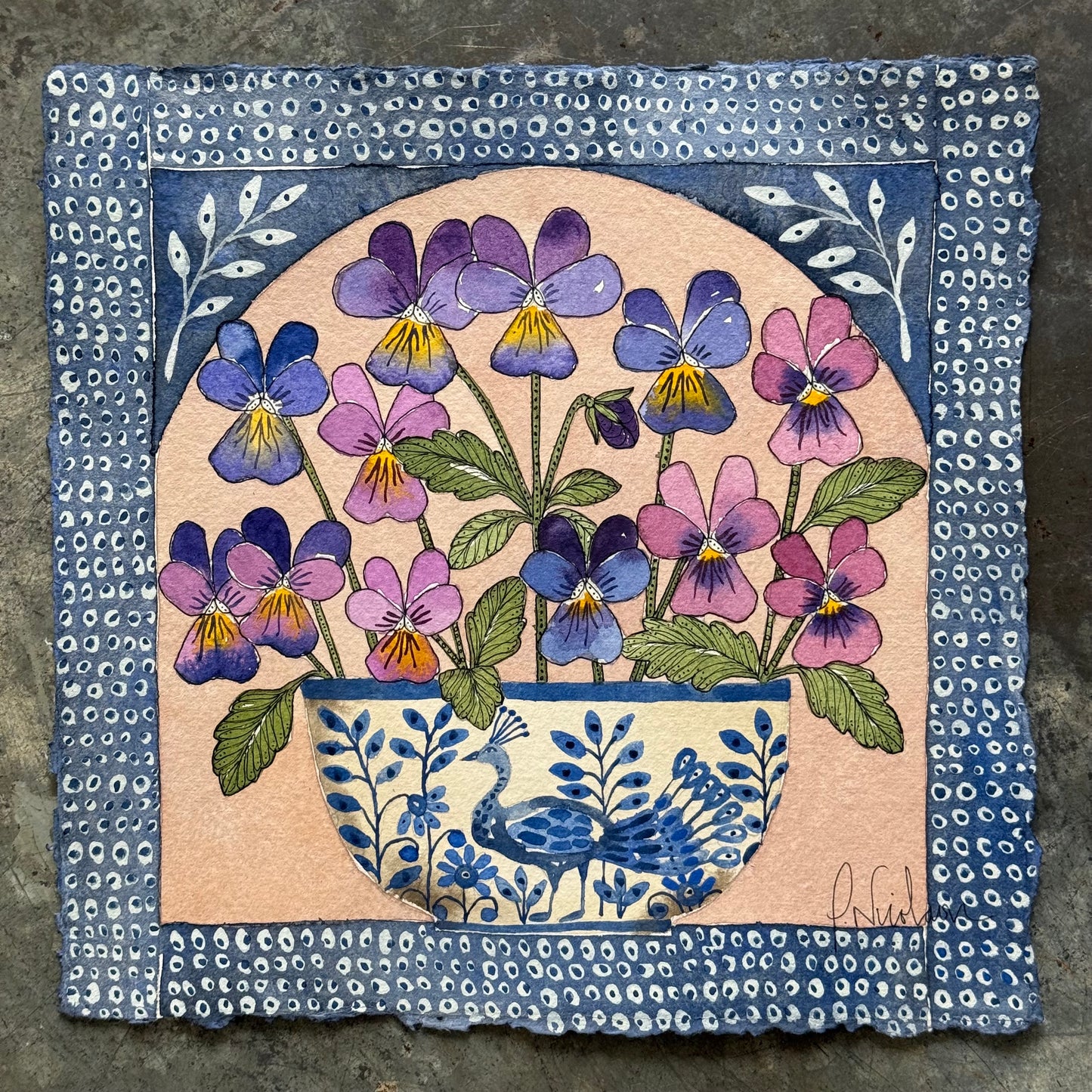 Original, Watercolour Painting of Violas in a Delft Vessel.