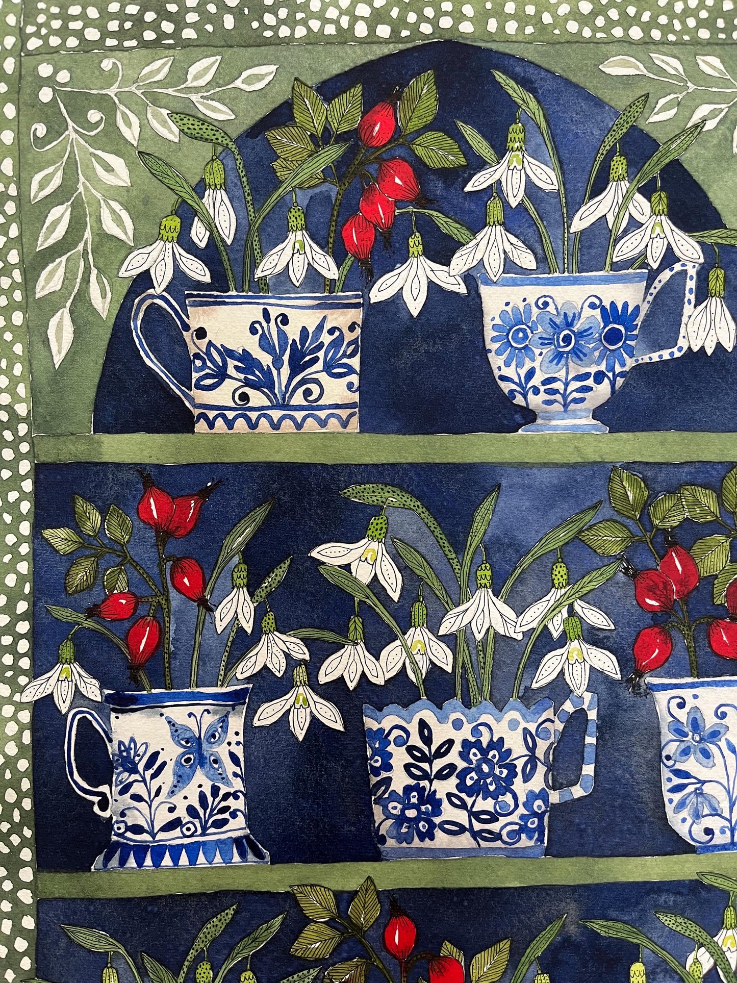 A3, giclee print of watercolour and ink snowdrops & Rosehips in delftware, ceramic teacups displayed in a patterned plant Theatre.