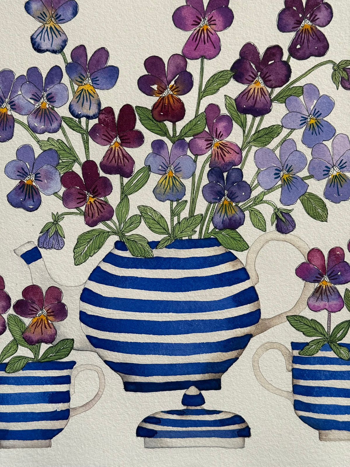 Large, Original Watercolour Violas in Blue & White Stripes